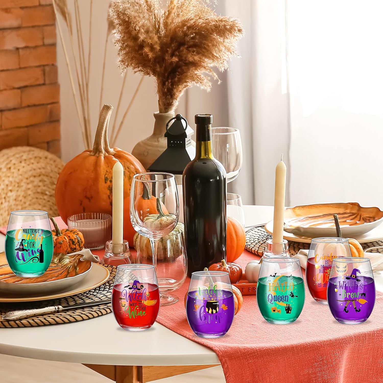Bokon 6 Pcs Halloween Stemless Wine Glasses 15oz Witches Wine Glasses Hallo Queen Drinking Glasses Ice Coffee Beer Beverages Clear Tumbler Cups Halloween Gifts for Women Men Party Event Decorations