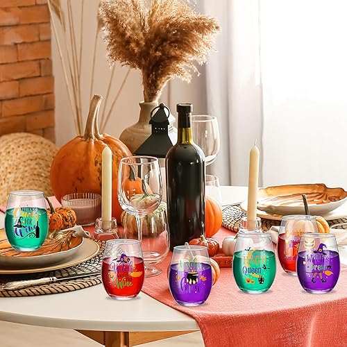 Miniatura 7 de 6 copas de vino sin tallo de Halloween de 15 onzas, copas de vino de brujas, copas de vino Hallo Queen, vasos para beber café helado, cerveza,