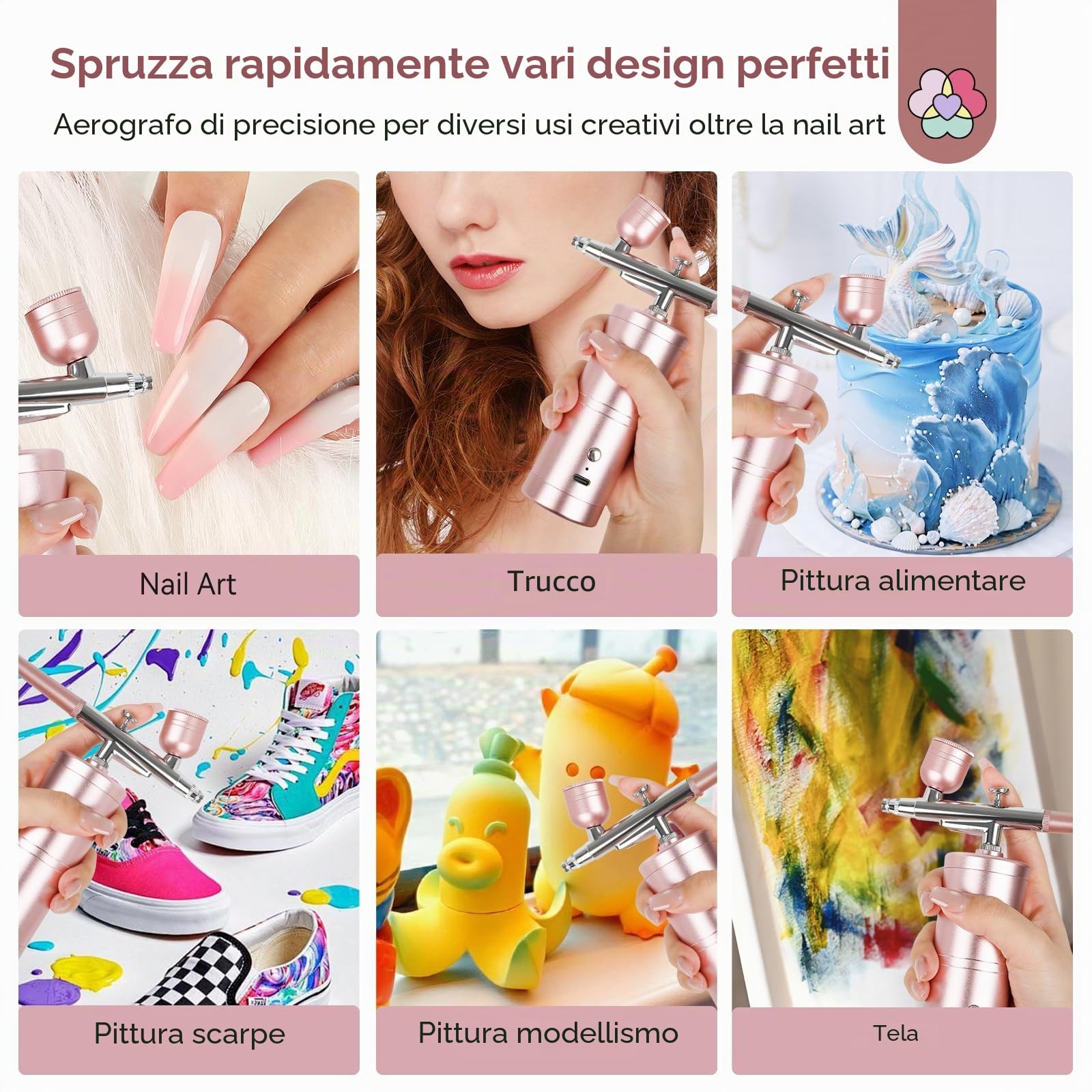 SAVILAND Kit Aerografo Ultra Stabile: 25 PSI Aerografo di Precisione per Unghie Pistola, Ricaricabile a Doppia Modalità Rosa, con Ugello da 0,3 mm per Trucco Aerografo per Gel Unghie Ombre French