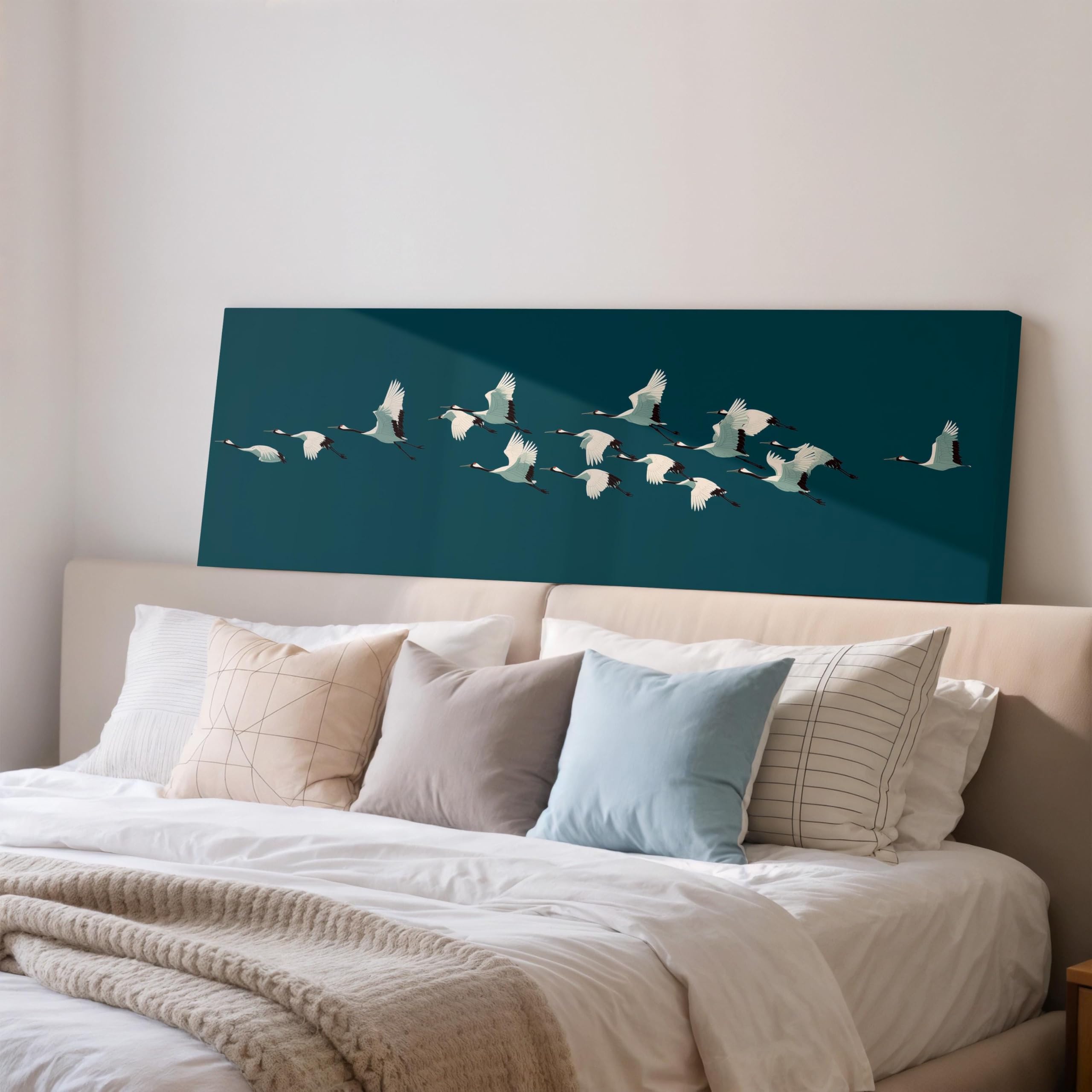 XBTYKPB Wide Panoramic Birds Print, Japanese Art,Long Narrow Canvas, Large Framed Wall Art, Teal Flock Decor, Zen Bedroom Artwork(35x105cm/Frameless)