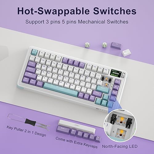 Miniatura 5 de BOYI Teclado mecánico inalámbrico C75 con pantalla, 75% montado en juntas, tres modos Bluetooth 5.02.4GHzpuerto tipo CUSB-A, 81 teclas RGB cremoso