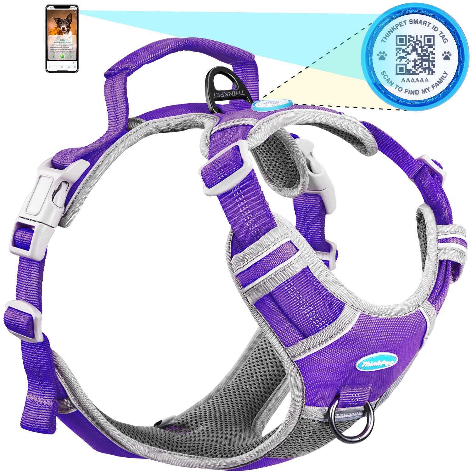 ThinkPetNo Pull Breathable Sport Dog Harness - Reflective Padded Oxford Nylon Safety Adjustable Easy On And Off Vest, Back/Front Clip Handle Outdoor And Training Small Medium Large Dogs L Purple