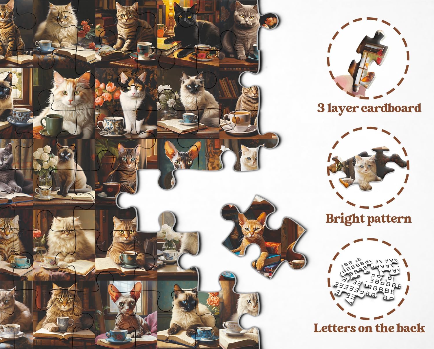 Cat Puzzles for Adults 1000 Pieces and Up, Vintage Cats Animal Puzzle Collects 40 Coffee Book Cats Collage Jigsaw Puzzle, Retro Funny Kitten Puzzle as Cat Wall Decor