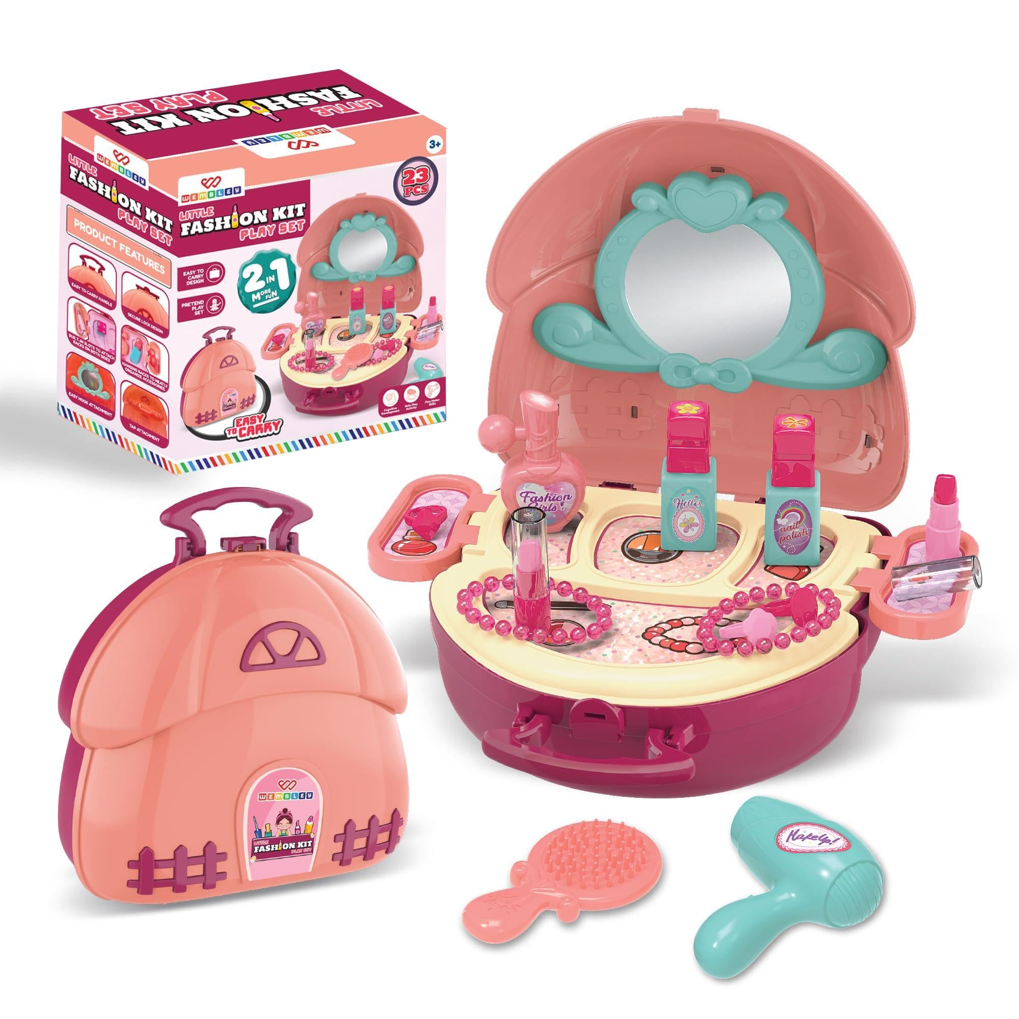 Wembley Makeup Kit Set for Kids Ages 3-6 Year Old Girls | 2-in-1 Playset Portable Pretend Play Toy for Baby Girl | Safe and Non-Toxic | Lightweight Bag Style Kit | Birthday Gift for Girls of 3 to 6