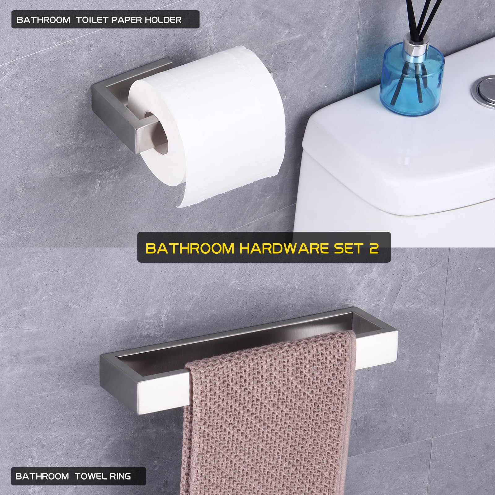 Juego de accesorios de baño de 2 piezas de acero inoxidable contemporáneo montado en la pared - Soporte para papel higiénico con anillos de toalla, acabado cepillado HG1708-2LS 2