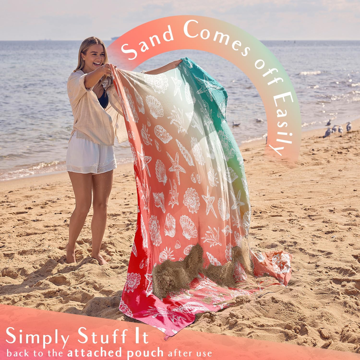 WEKAPO Beach Blanket Waterproof Sandproof & Sand-Free Beach Mat with Stakes & Built-in Storage Bag – Oversized, Extra Large, Perfect for Outdoor (Coral Sea Shells, 8 X 7 FT (1~4 Person)) - Image 5