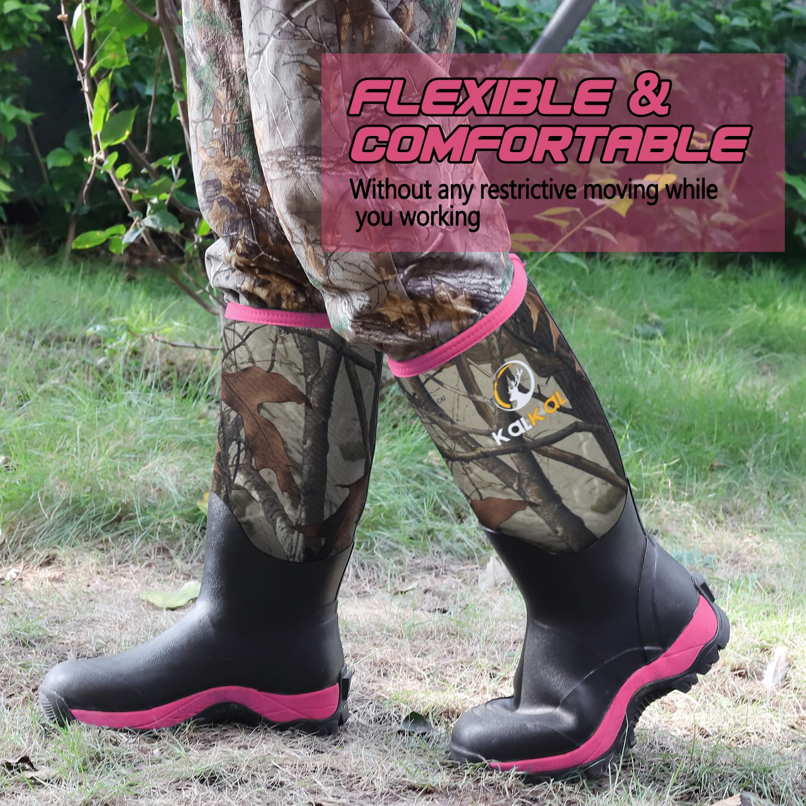 Kalkal Women's Rubber Boots, Waterproof Tall Rain Boots, 6mm Neoprene Insulated, Hunting Boots for Mud Working Gardening Farming (Size 8, Pink)