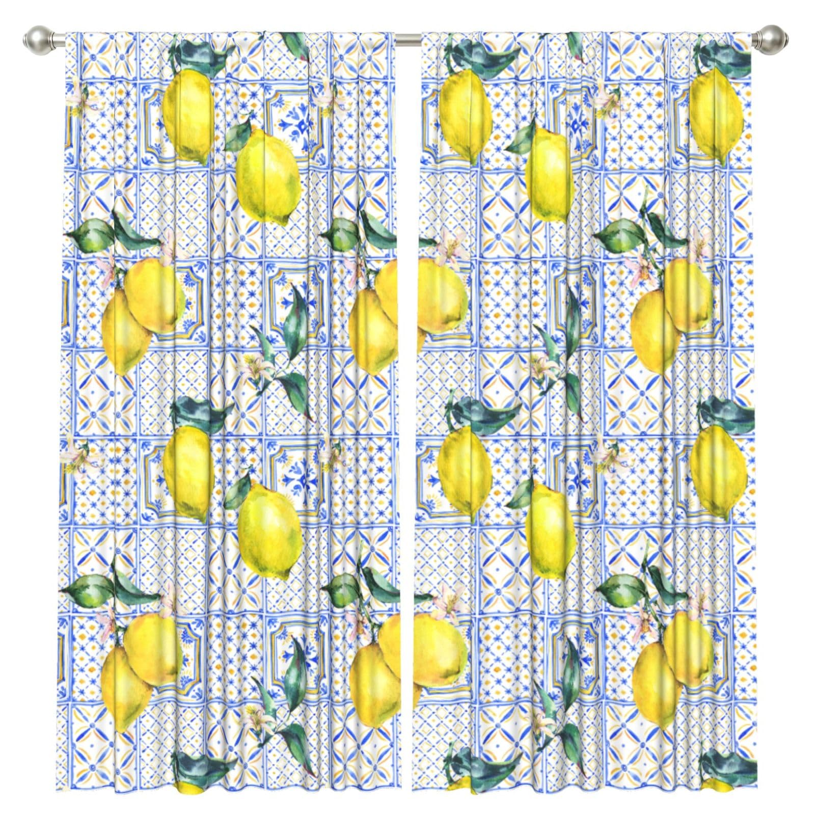 InOmak Vintage Lemon Summer Fruit Ethnic Blue, 2 Panels Window Curtains 52 x 84 Inch Blackout Curtains for Living Room Bedroom