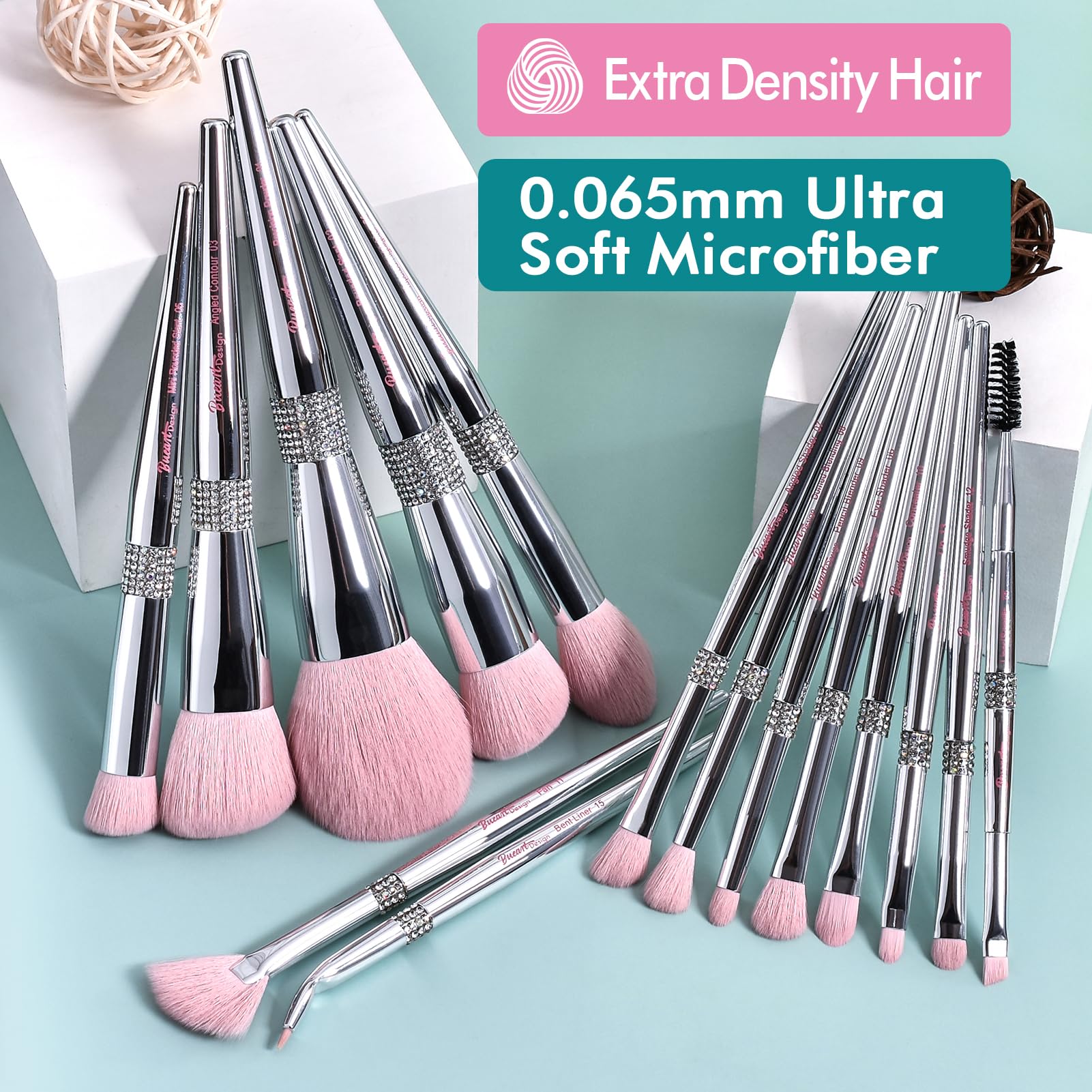 Bueart Design Make-up-Pinsel-Set mit Pinselhalter, ultraweich, mit Pinselhalter, Make-up-Pinsel-Set mit Grundierung, Puder, Rouge, Mischung, Konturpinsel, 15 Stück, silberfarben, rosa + Halter | Ultraweiches Make-up-Pinsel-Set für Foundation, Puder, Rouge