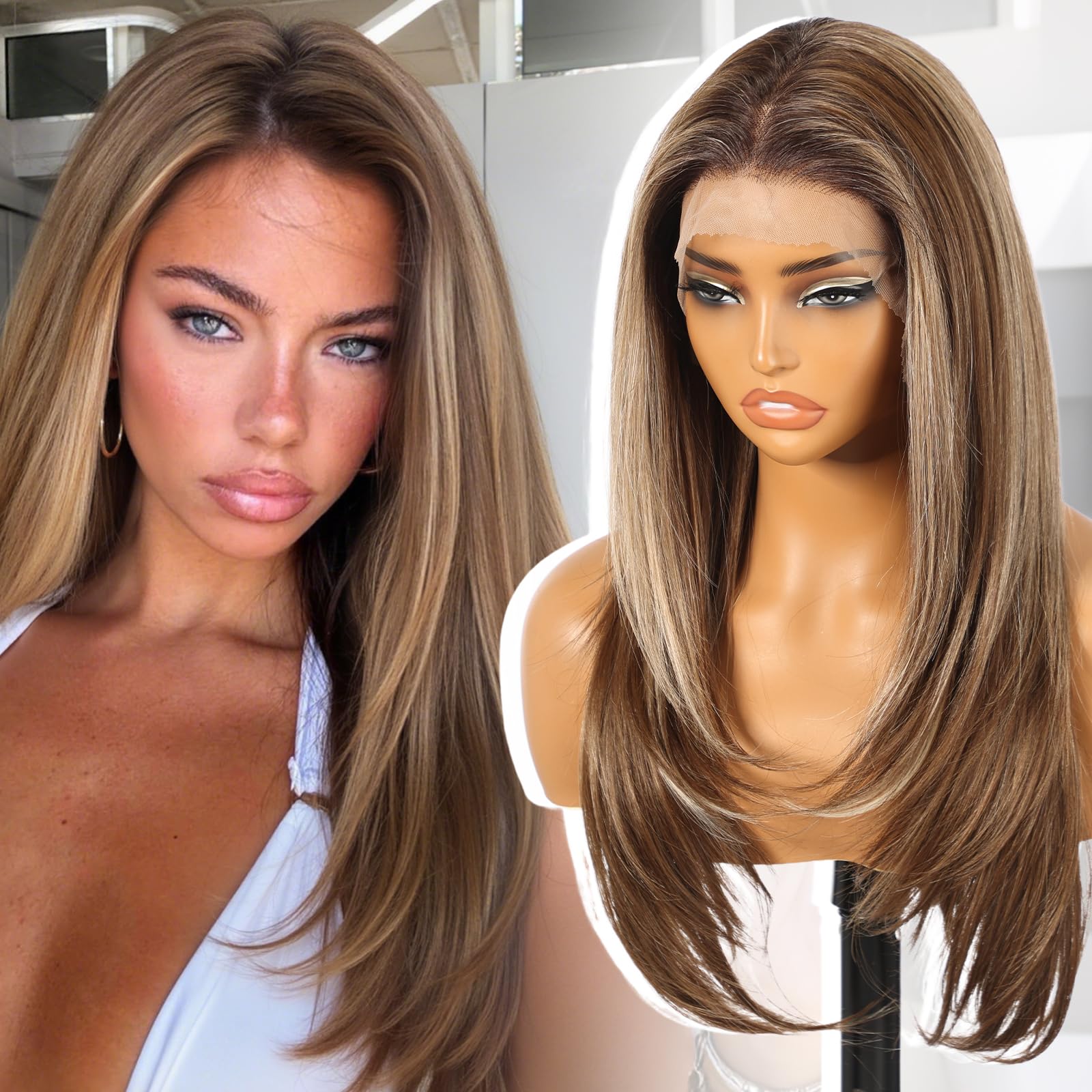 KOME Brown Highlight Synthetic Lace Front Wig, 13X6 HD Long Straight Layered Glueless Wigs for Women Daily Use 26IN （TT6/116 ）