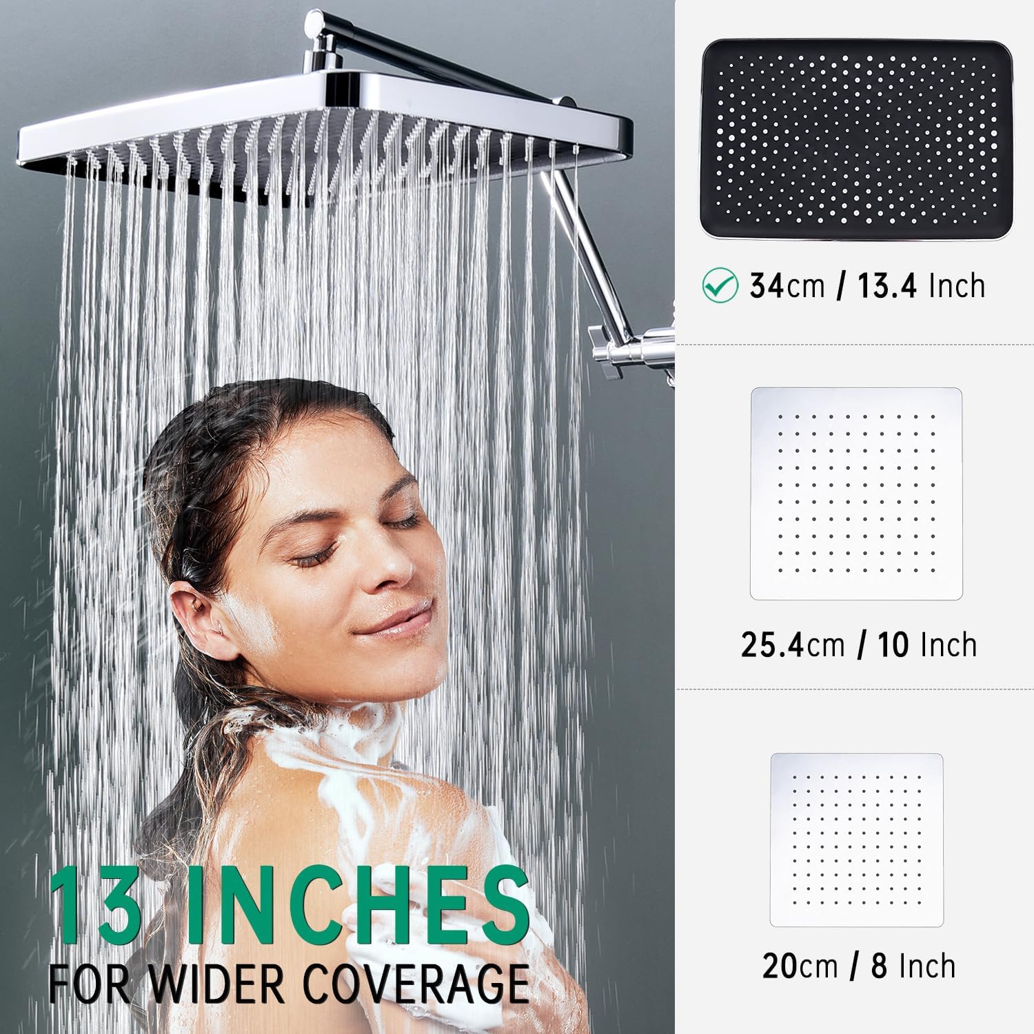 Shower Heads with Handheld Spray Combo, 13 Inches Rain Shower Head with 4 Mode Handheld Wand, and 13 Inches Adjustable Extension Arm, 3 Way Diverter Valve, Extra Long Hose (Chrome)