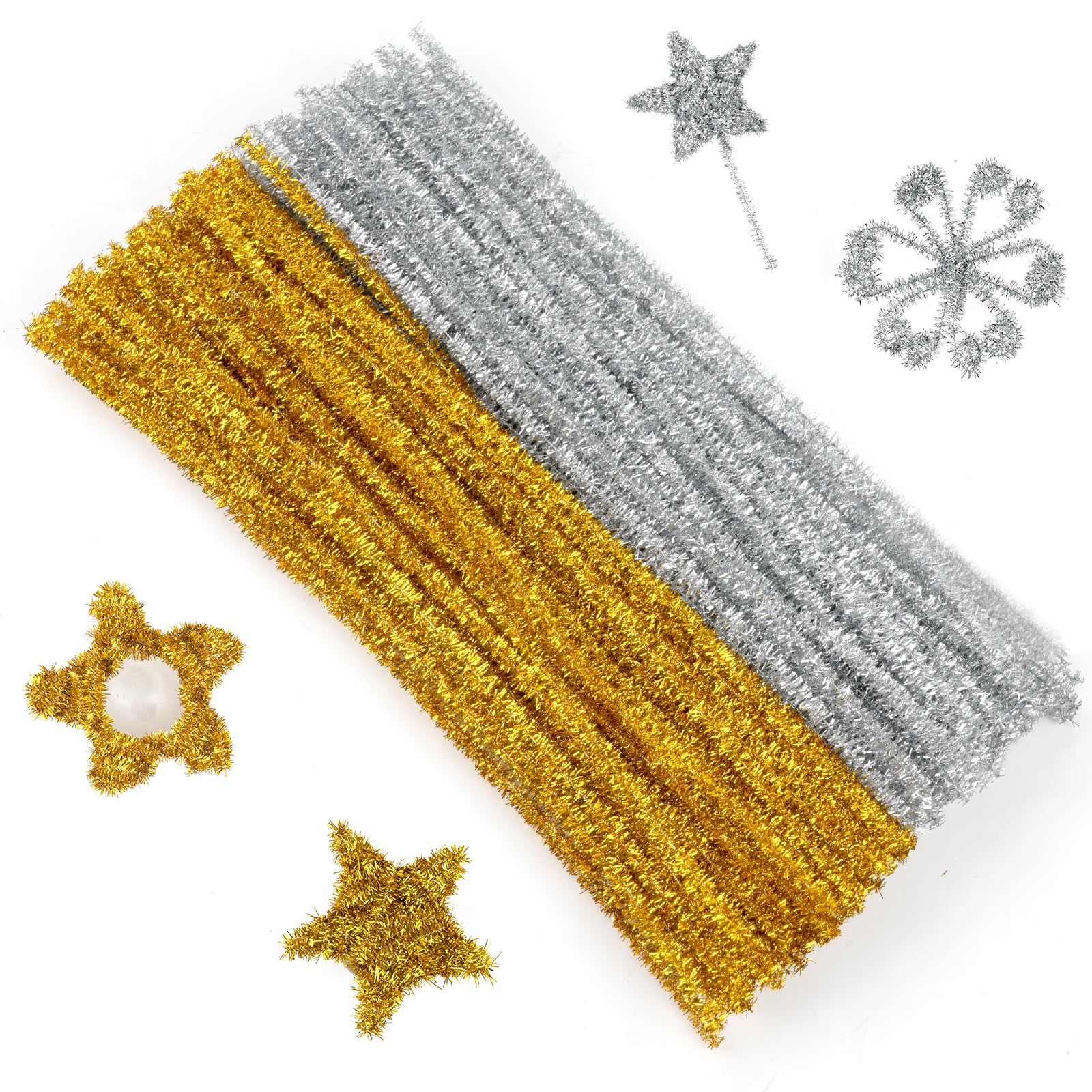Ainiv 200PCS Pipe Cleaners for Craft 30cm Glitter Gold and Silver Crafting Pipe Cleaners, Fuzzy Sticks Craft Supplies