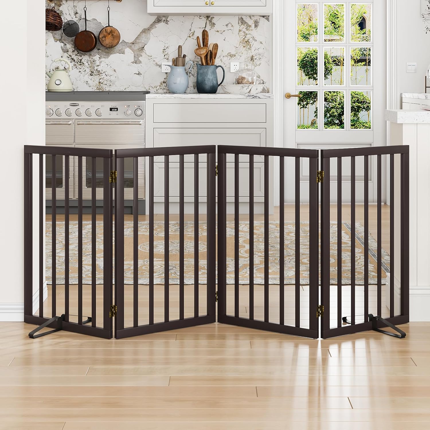 Dog Gate for Doorways 32" Tall Freestanding Dog Gate for Stair Foldable Pet Gate for Dogs Indoor (Brown,4 Panel)