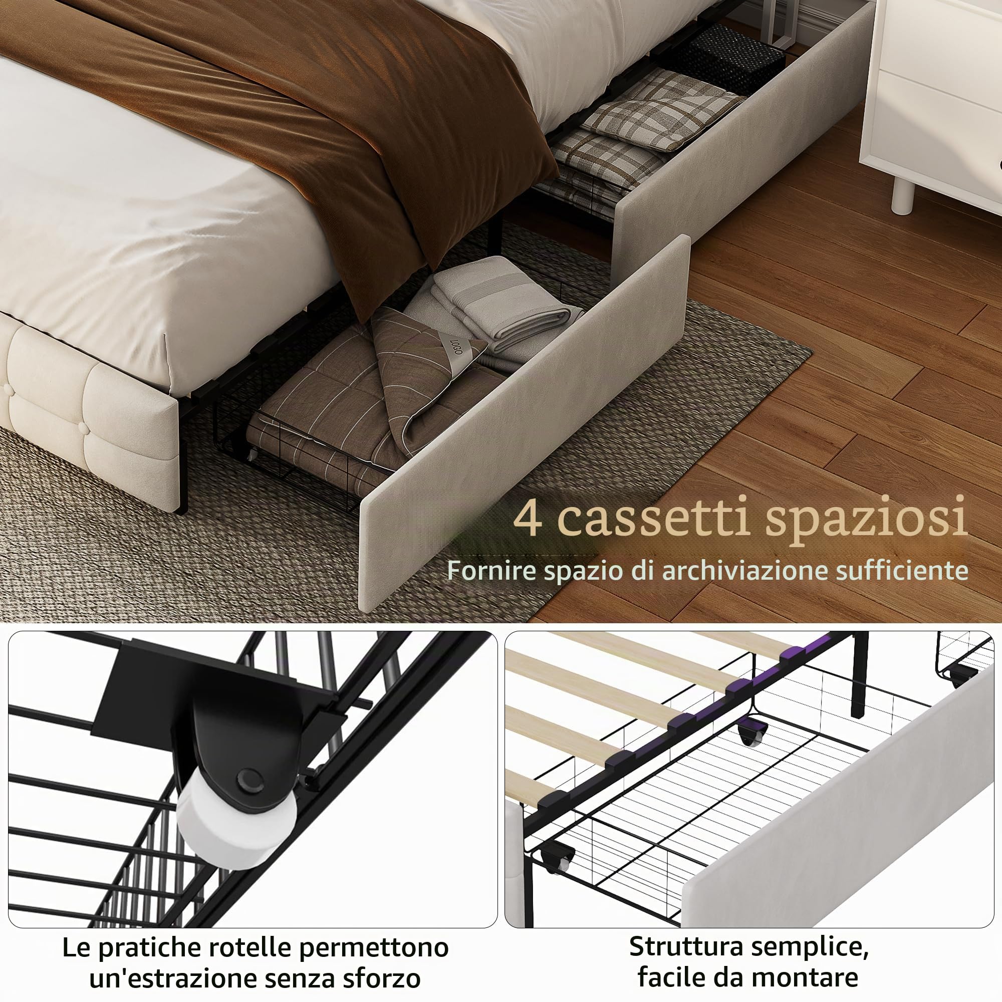 Letto imbottito 160 x 200 cm con LED e USB, telaio del letto con 4 cassetti, letto per adolescenti 160 x 200 cm con vano contenitore, letto matrimoniale con rete a doghe, telaio del letto