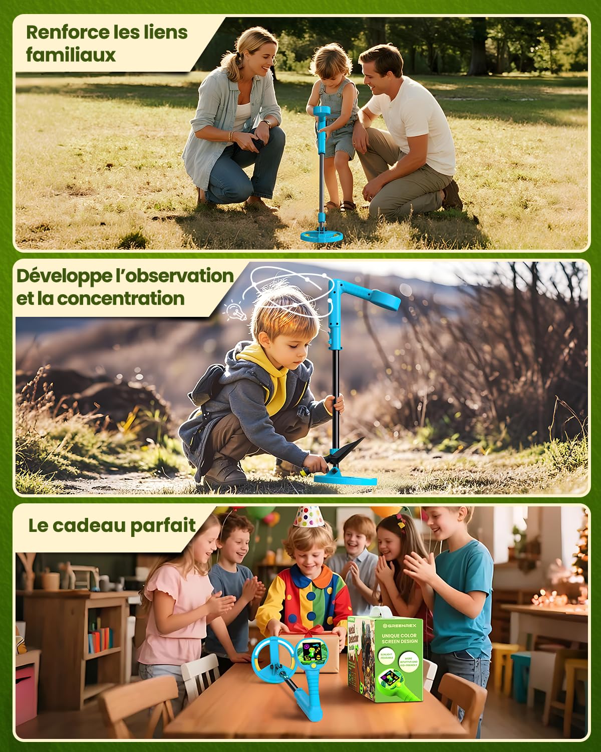 GreenRex Metalldetektor Kinder, Für Kinder von 3–12 Jahren, 6CM HD LCD Display, Ton & Lichtsignale, 59–82CM höhenverstellbar, 10CM Präzision, 470g leicht, lehrreiches Outdoor-Set,Blau
