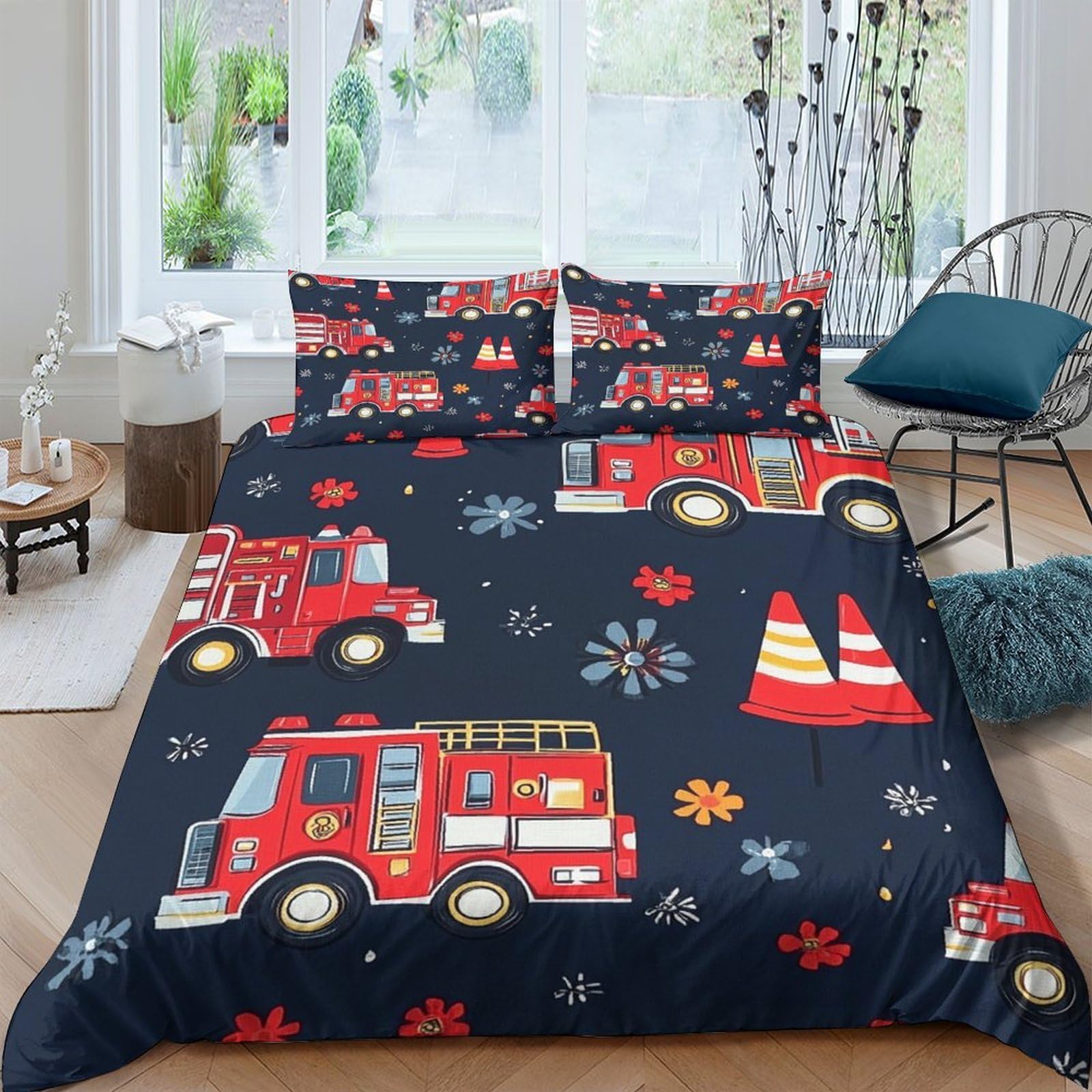 Ctjqhvkz Style-6 3D Printed Fire Truck Fitted Sheet Microfiber Navy Cartoon Bed Cover For Kids Bedroom Guest Room Dorm Decor, Easy Care Single（135X200cm）