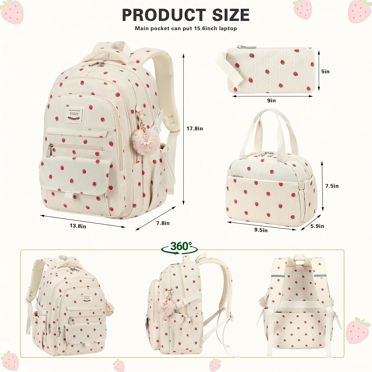 School Backpack for Girls,3PCS Corduroy Kids Backpack Set with Lunch Box & Pencil Pouch,15.6 Inch Laptop Teen Girls School Bag Travel Daypack for Elementary Middle High College（Beige Strawberry Set）