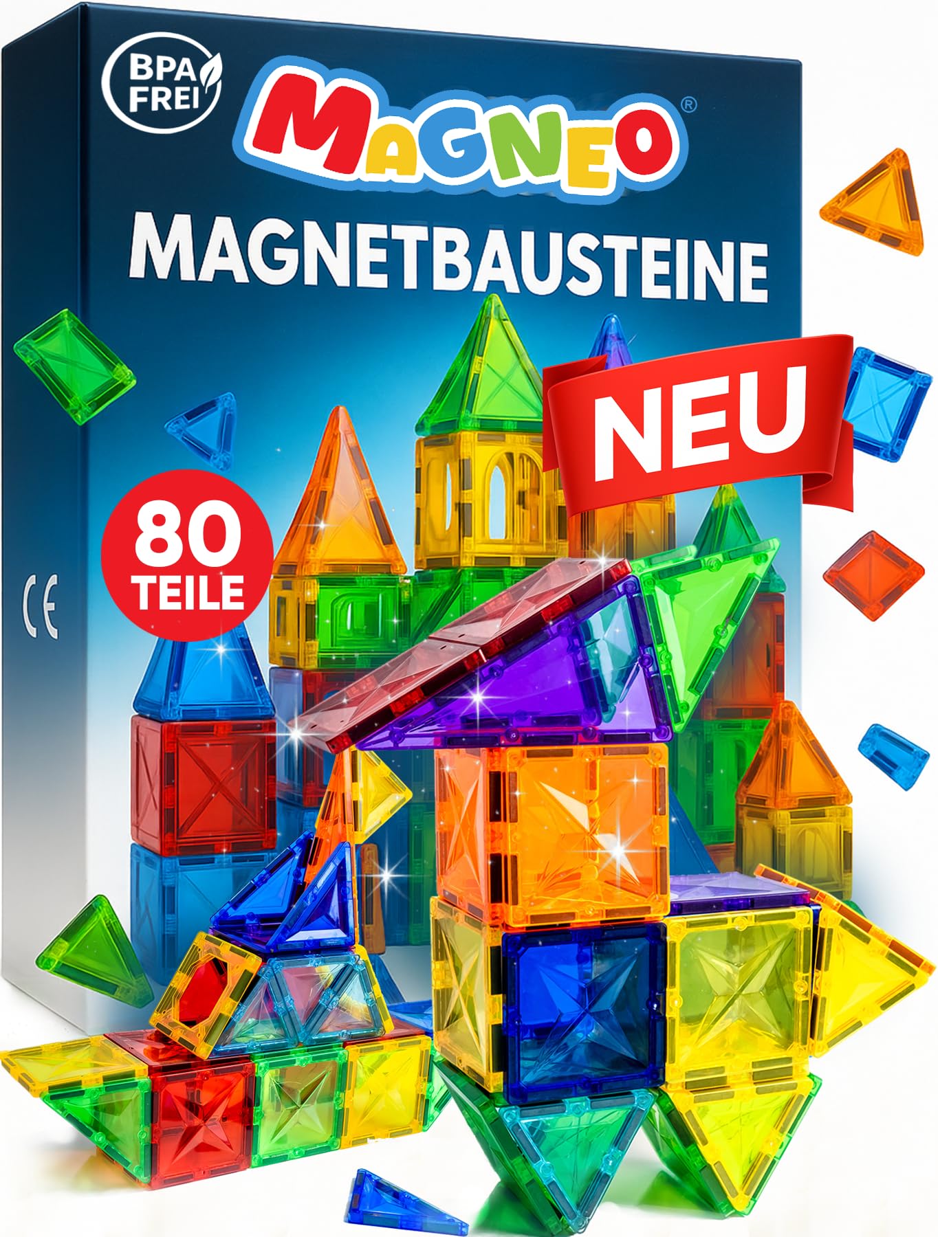 Magneo® Magnetische Bausteine (80 teilig) - Magnetbausteine für Kinder ab 3 Jahren - Pädagogisches Magnetspielzeug - Kreatives Magnet Spiel mit starken Magneten – Ostergeschenk Idee