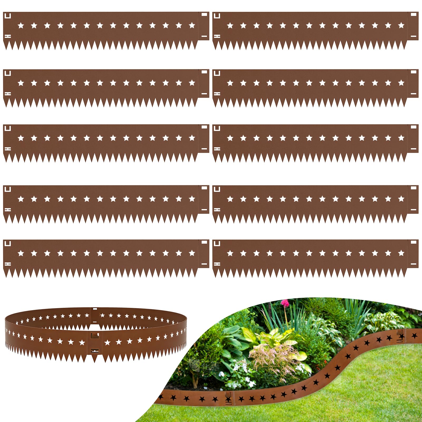 wowspeed Lawn Garden Edging Border 10PCS, Star Pattern Total 10.75m Metal Lawn Edging, 20cm Face Height Flexible Decorative Steel Edgings, Garden Landscape Pathway Borders Strip
