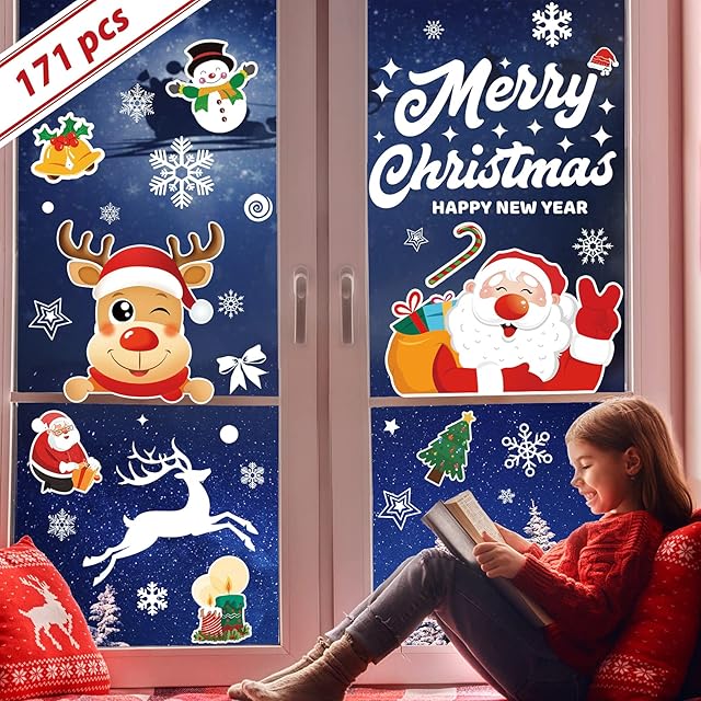 Qhui 171 PCS Christmas Window Stickers Reusable, 7 Sheets Decor Double Sided, Electrostatic PVC Snowflake for Xmas Decor, Stickers, Glass, Shop Window, 29.8x 19.6x 0.02 cm