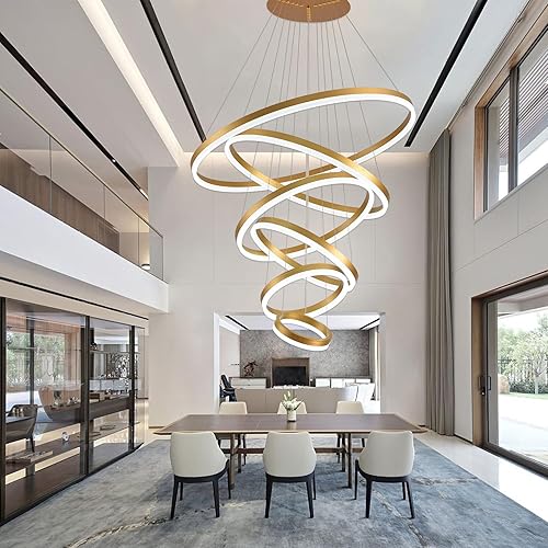 Miniatura 5 de Candelabro LED moderno dorado con control remoto, 6 anillos regulables LED para escaleras, techos altos, entrada, sala de estar