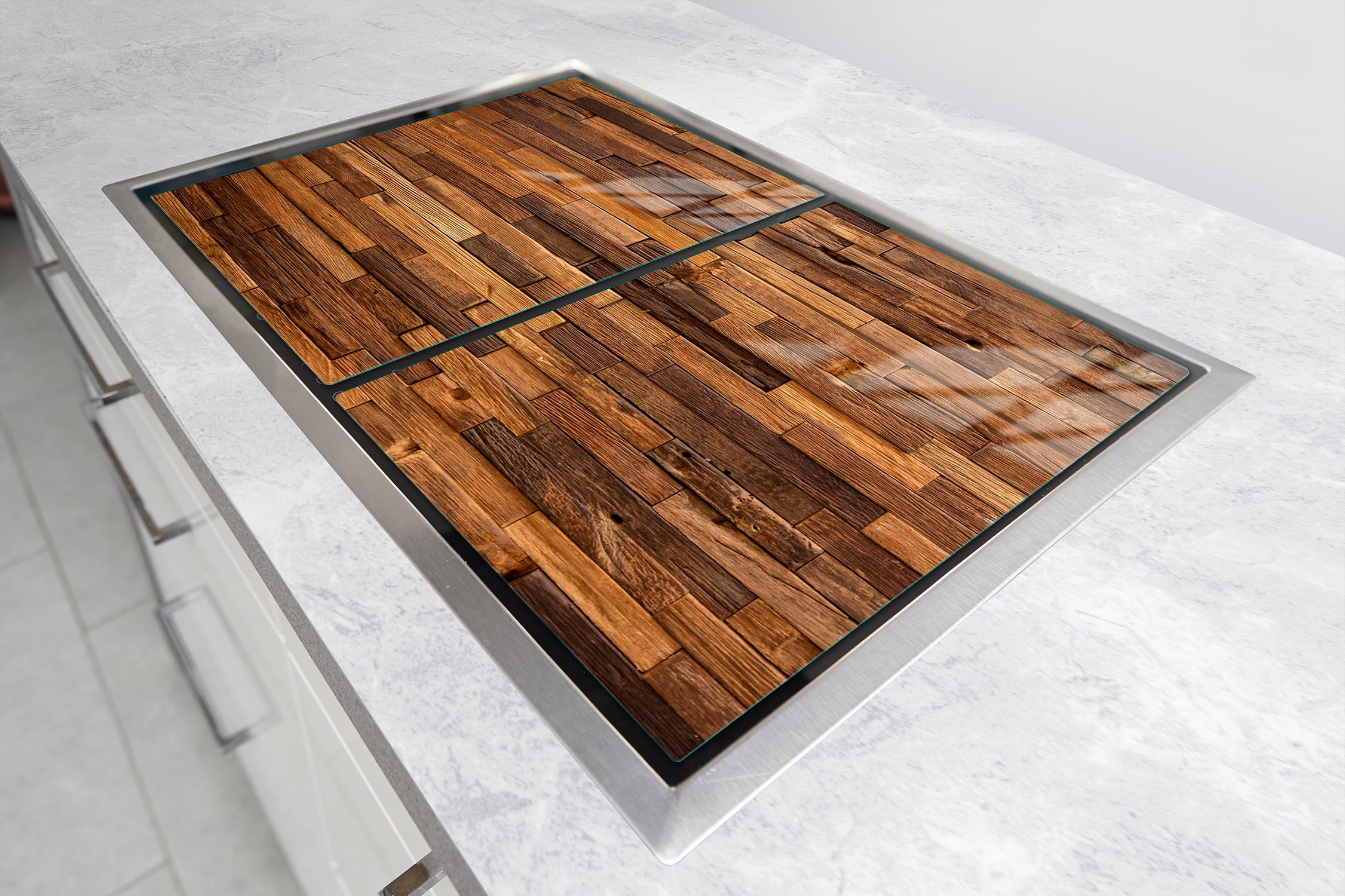 TMK ArtDeko Herdabdeckplatten Set 70 x 52 cm Ceranfeld Abdeckung Glas Spritzschutz Abdeckplatte Glasplatte Herd Ceranfeldabdeckung Deko Schneidebrett, Holz