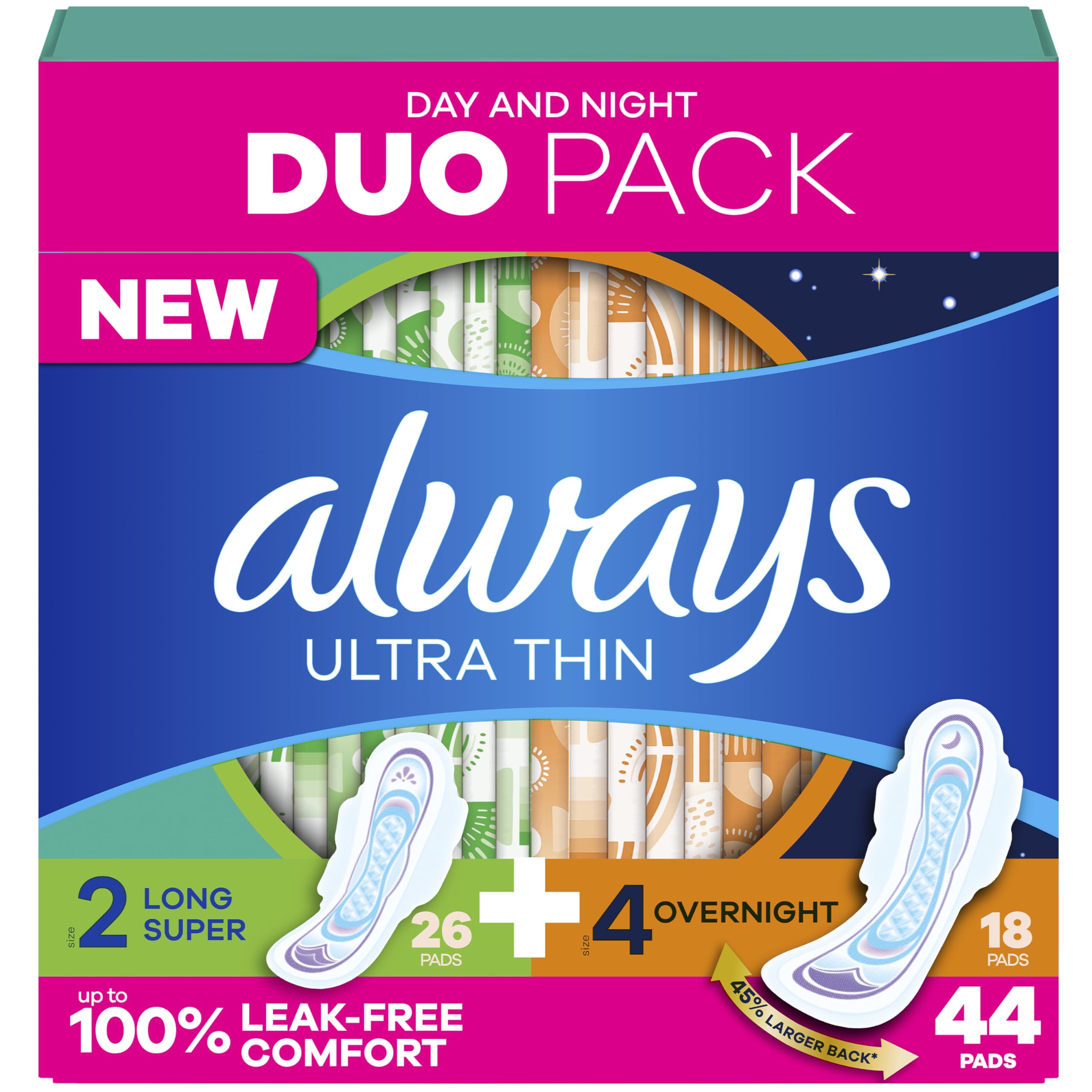 Always Ultra Thin Pads Duo Pack, Feminine Pads with Wings for Women, Size 2 Long Super and 4 Overnight Absorbency, Unscented, Up to 100% Leak-Free Protection, 44 CT