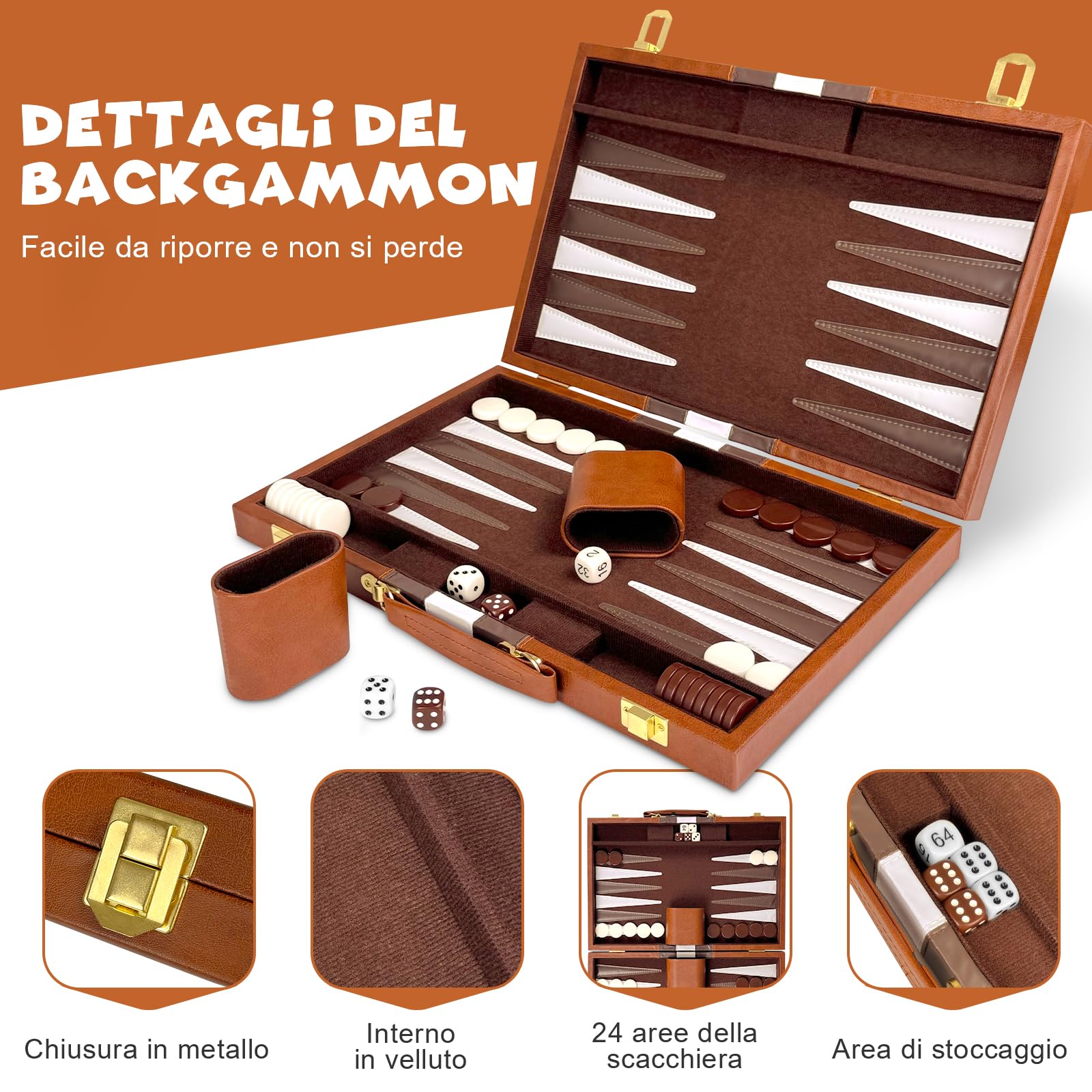 Set Backgammon, Set di Backgammon Classico per 2 Giocatori, Gioco di Strategia da Viaggio Portatile (18 pollici, Marrone)