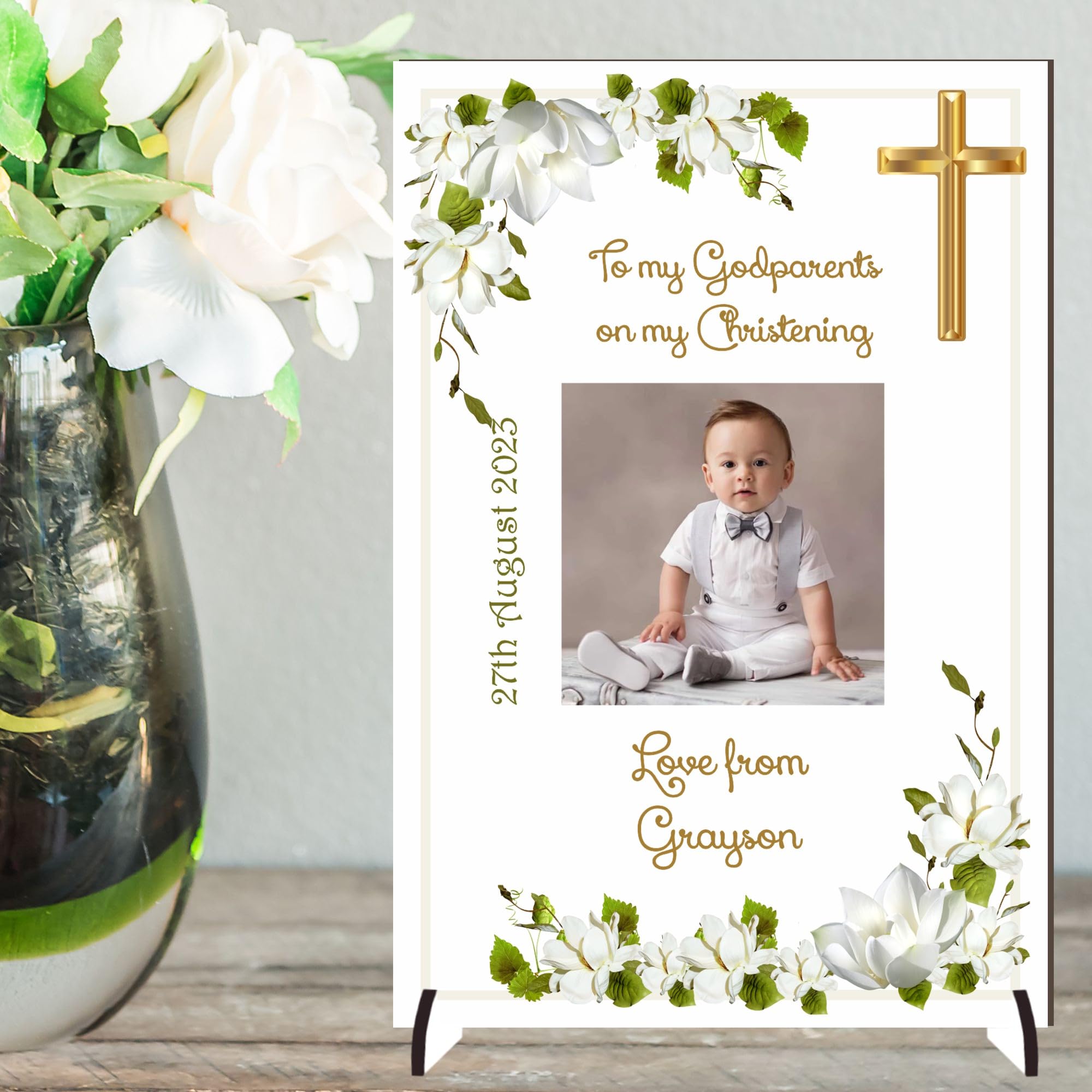 Personalised 'To My Godparents' Christening Photo Plaque | Unique Keepsake Gift | A4 or A5 Size | Customisable with Special Message | (Mdf Wood A4 30cm x 21cm, White Floral)