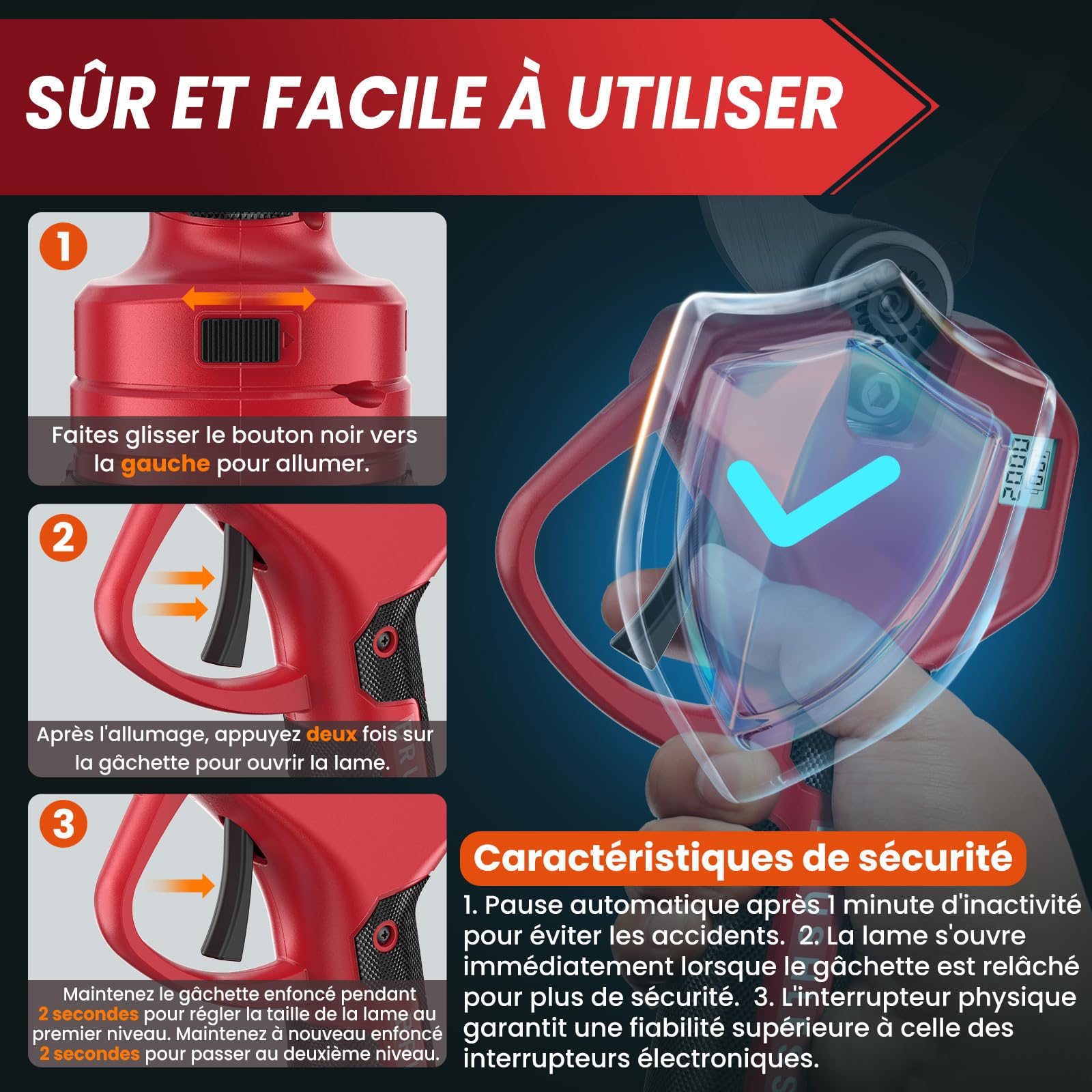 Sécateur Électrique Sans fil, 50mm Secateur Electrique, Sécateur électrique avec Écran avec 4000mAh (2 x 2.0Ah) Batteries pour la taille, le jardinage, les arbres fruitiers et le vignoble Ciseau