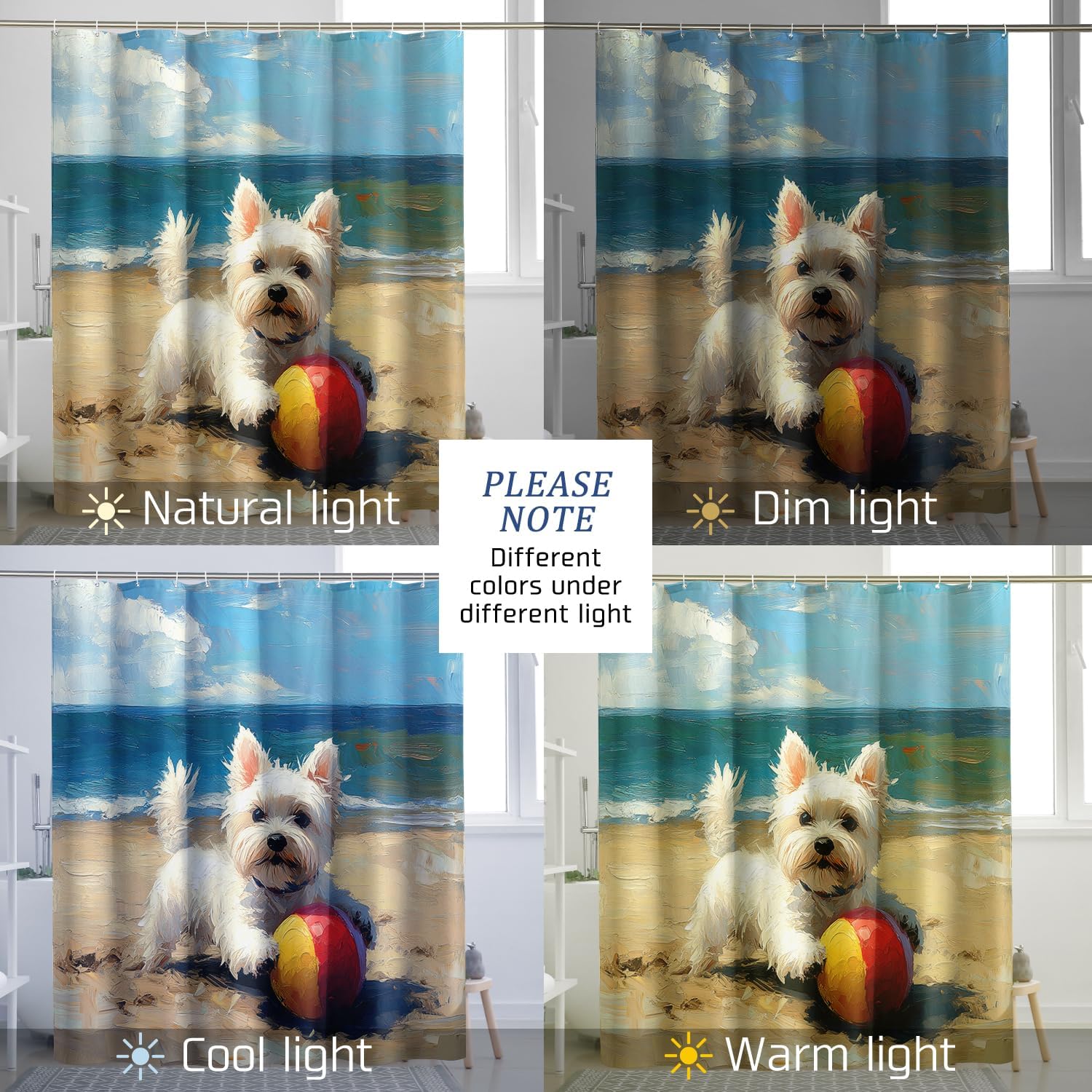 Westie Dog Shower Curtain Set 72''x72'' with Hooks, Fun Puppy Animal Beach Oil Painting Bathroom Decor, Pet Bath Accessories Polyester Fabric