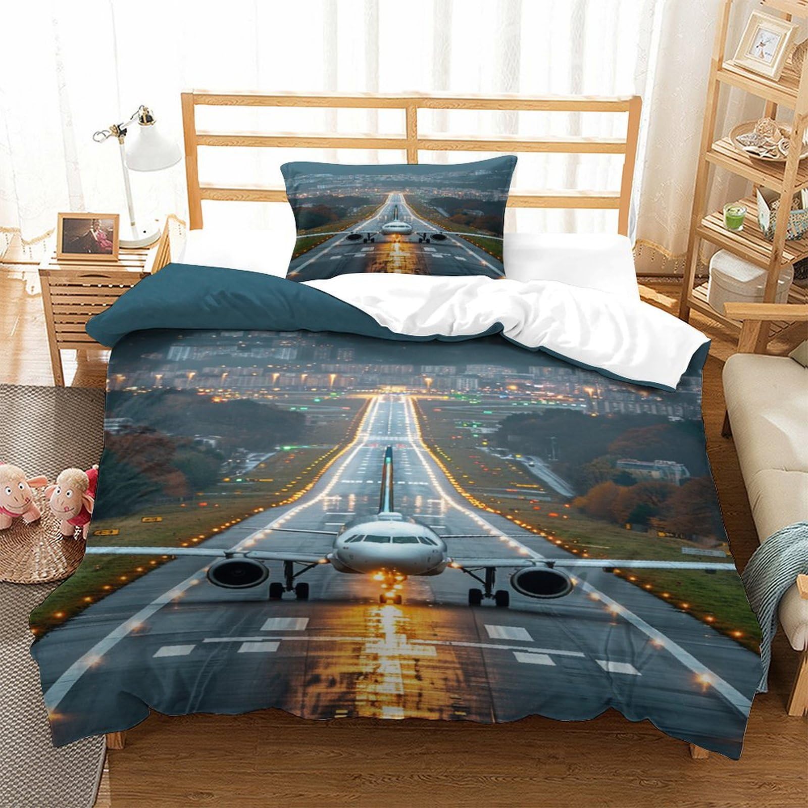 P1S9U7W5Y 3D Printed Airport Runway Duvet Cover Set 3pcs Microfiber Aviation Bedding Set Single（135x200cm）
