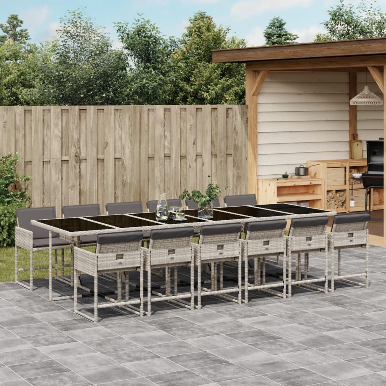 Gecheer Set da Pranzo da Giardino 13 Pezzi con Cuscini Grigio, Schienale Ribaltabile Salvaspazio in Polyrattan per Esterno, Soggiorno all'Aperto, Arredo da Giardino