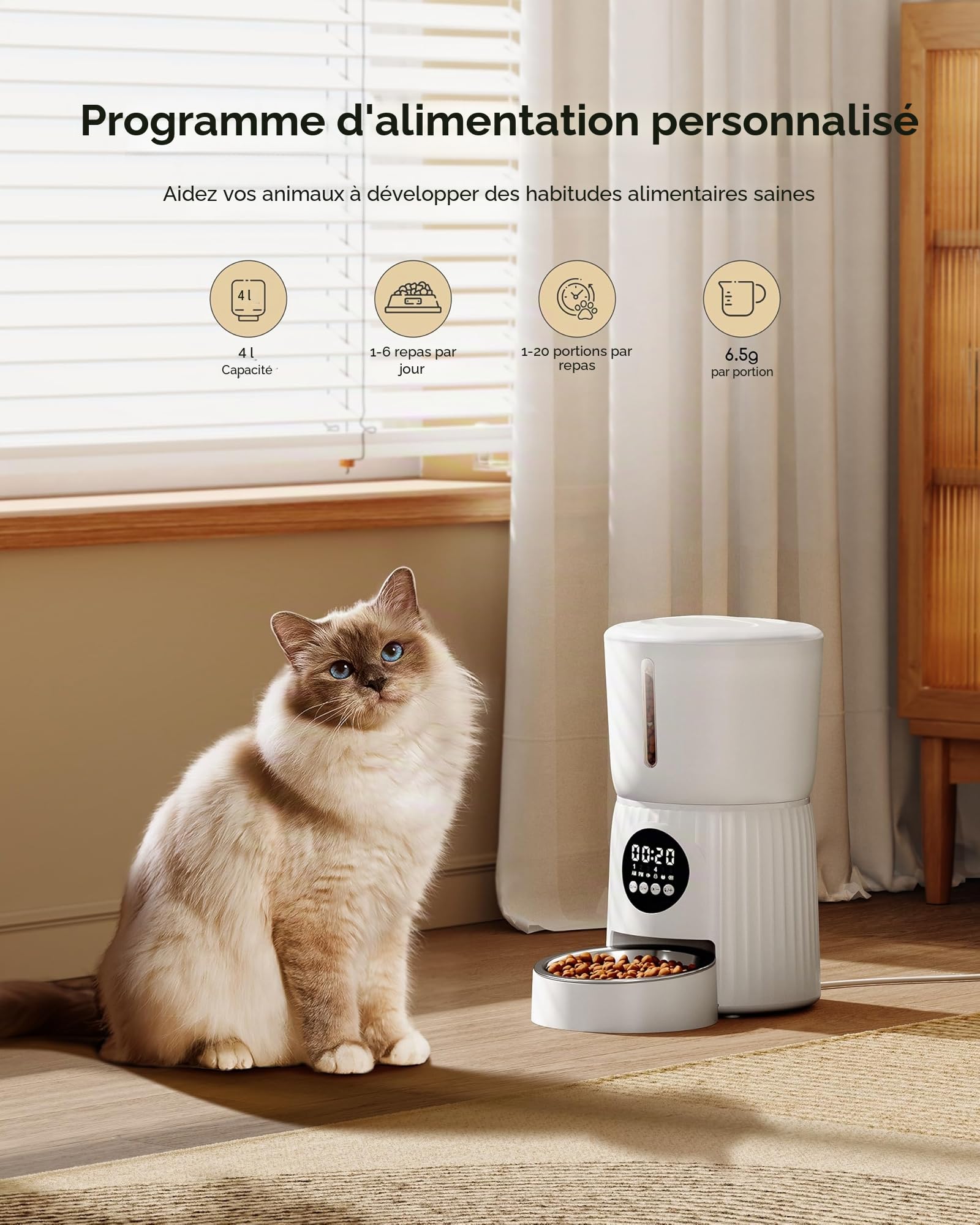 Faroro Distributeur Croquettes Automatique 4L pour Chat et Chien