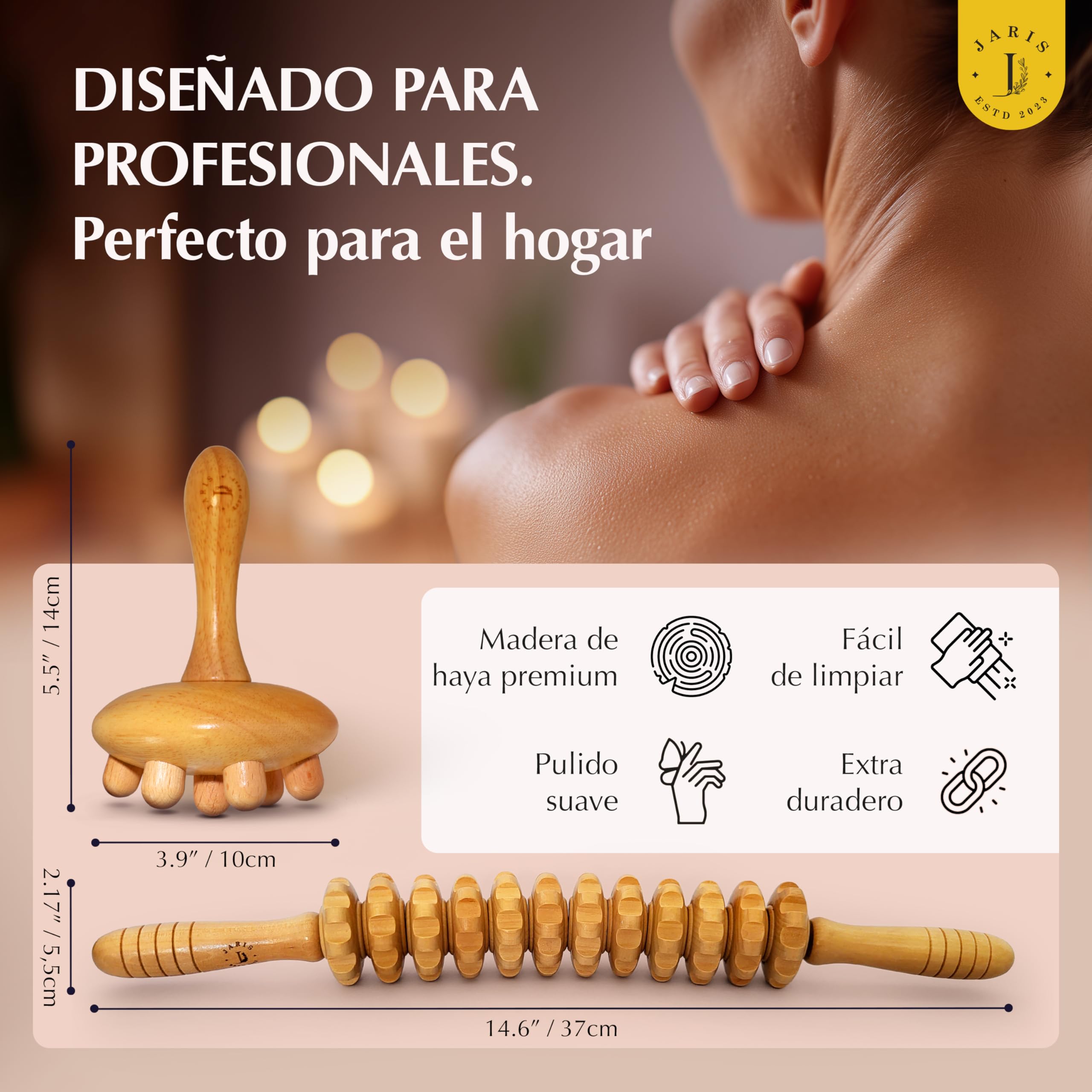 JARIS – Kit de Maderoterapia Corporal Profesional 2 Piezas - Rodillo Anticelulítico Curvo y Champiñón | Maderoterapia abdomen para Celulitis - Piernas y Cuerpo – Instrucciones QR Incluidas