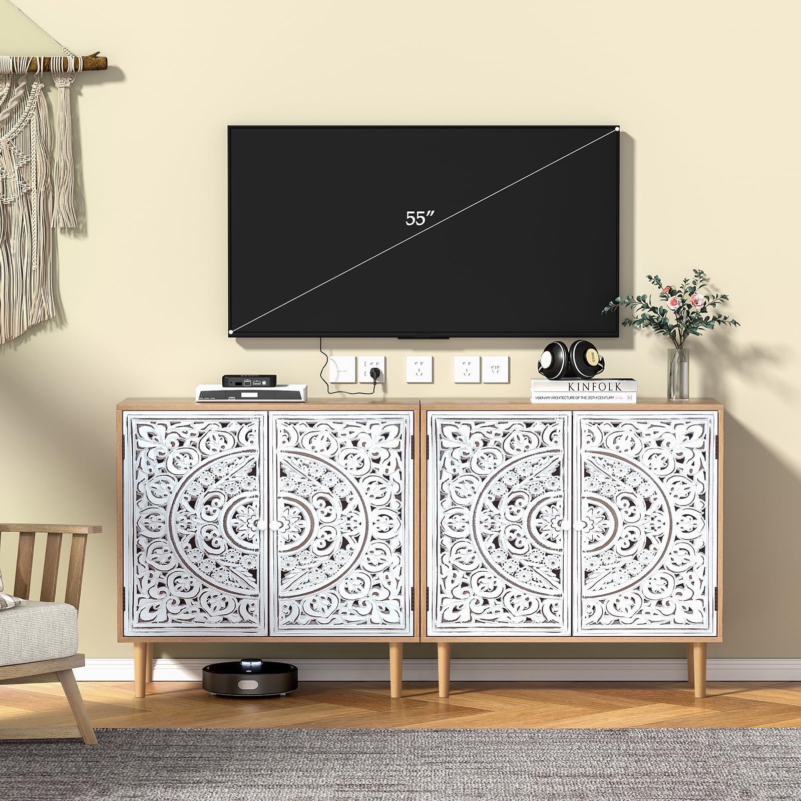 Buffet Bois Sculpté, Meuble de Rangement Cuisine Bas, Meuble Bas avec Pieds en Bois Massif, Étagères Réglables, Armoire de Rangement pour Salon, Cuisine, Chambre, Blanc