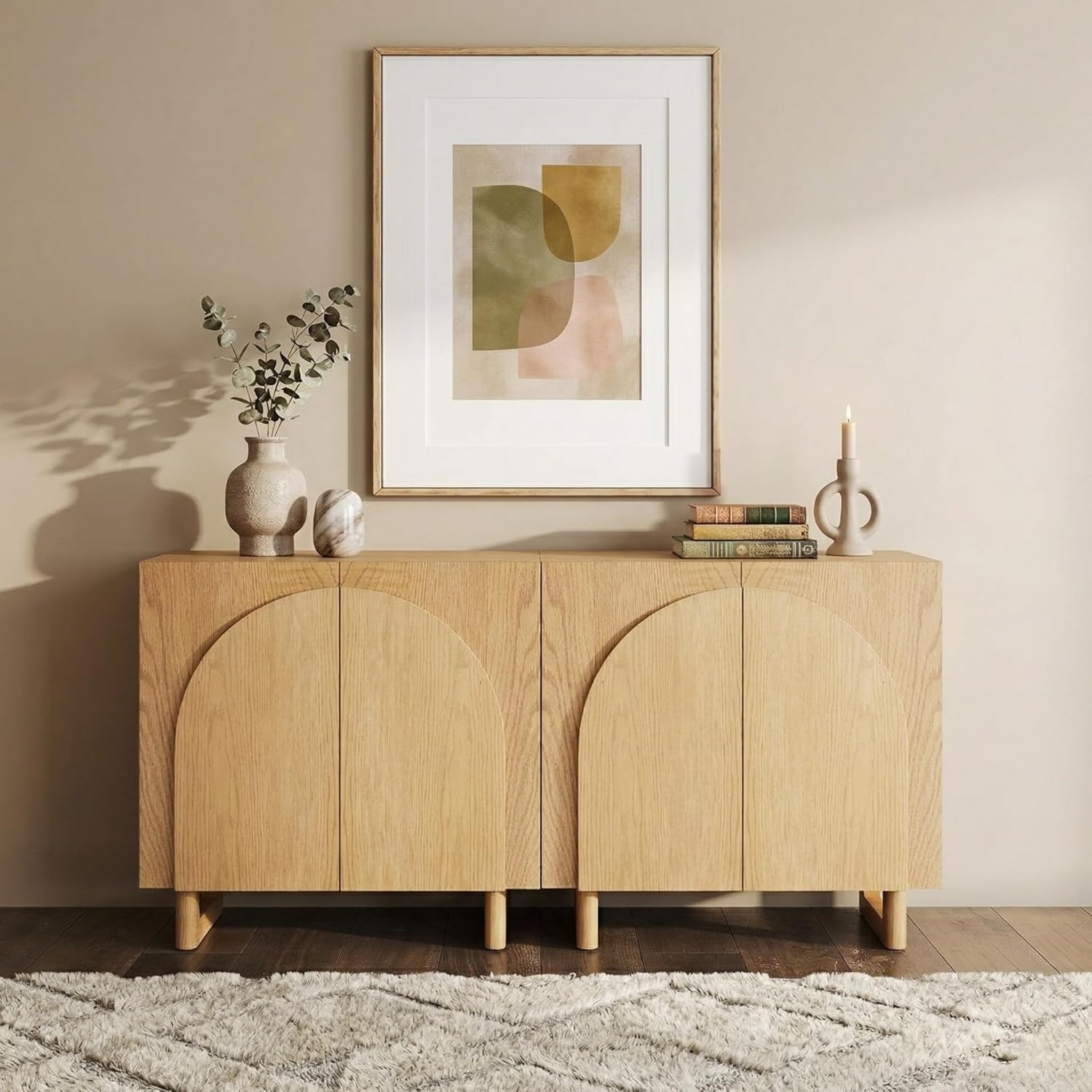 Mid-Century Modern Arched Door Wooden Storage Cabinet, Set of 2 - Versatile, Buffet and Media Console with Soft-Close Hinges, Adjustable Shelves and Solid Wood Legs (Light Oak)