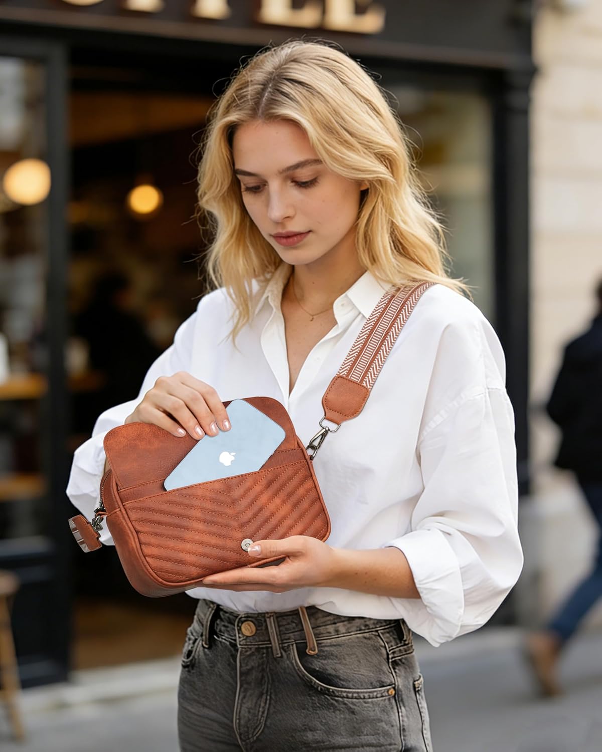 Small Quilted Leather Crossbody Purse for Women Vegan Shoulder Handbags Built-in RFID Multi-Pocket with Retro Wide Strap | Shoulder Strap, Built-in RFID Pocket
