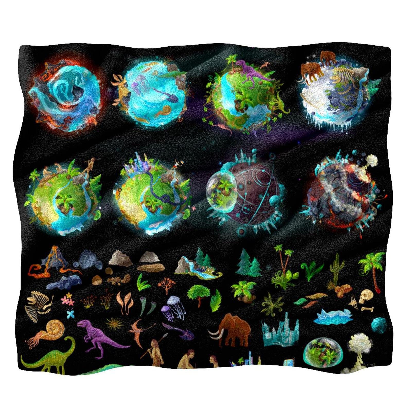 Coperta in pile Etapas-Evolucion-Tierra-Creacion-Dibujos-Animados-Varios-Iconos-Colores-Plantas-Animales per divano o letto
