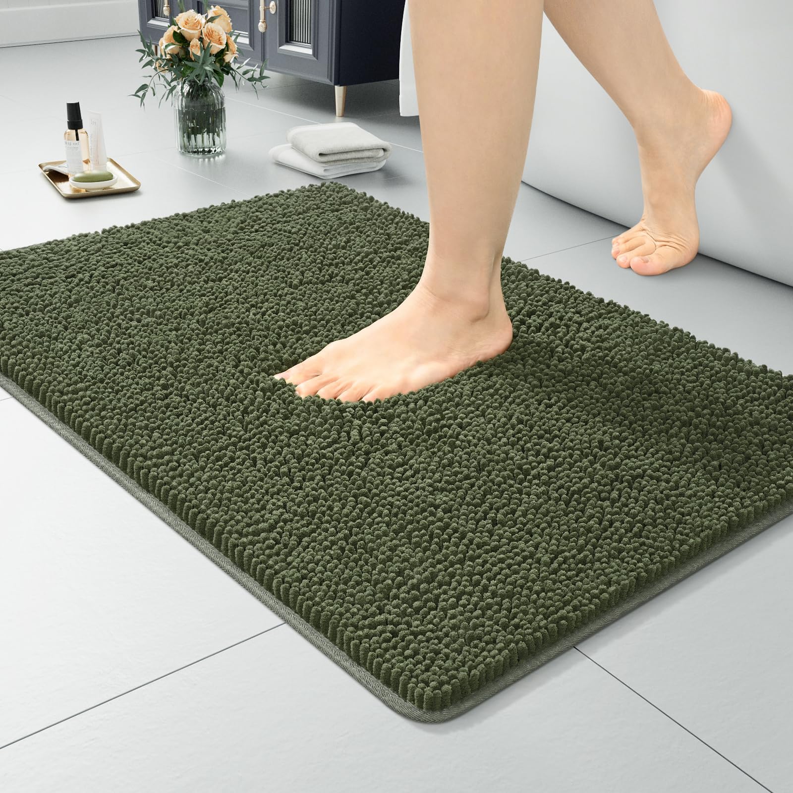 LOCHAS Luxury Bathroom Rug Shaggy Bath Mat 24 x 17 Inch, Washable Non Slip Bath Rugs for Bathroom Shower, Soft Plush Chenille Absorbent Carpets Mats,