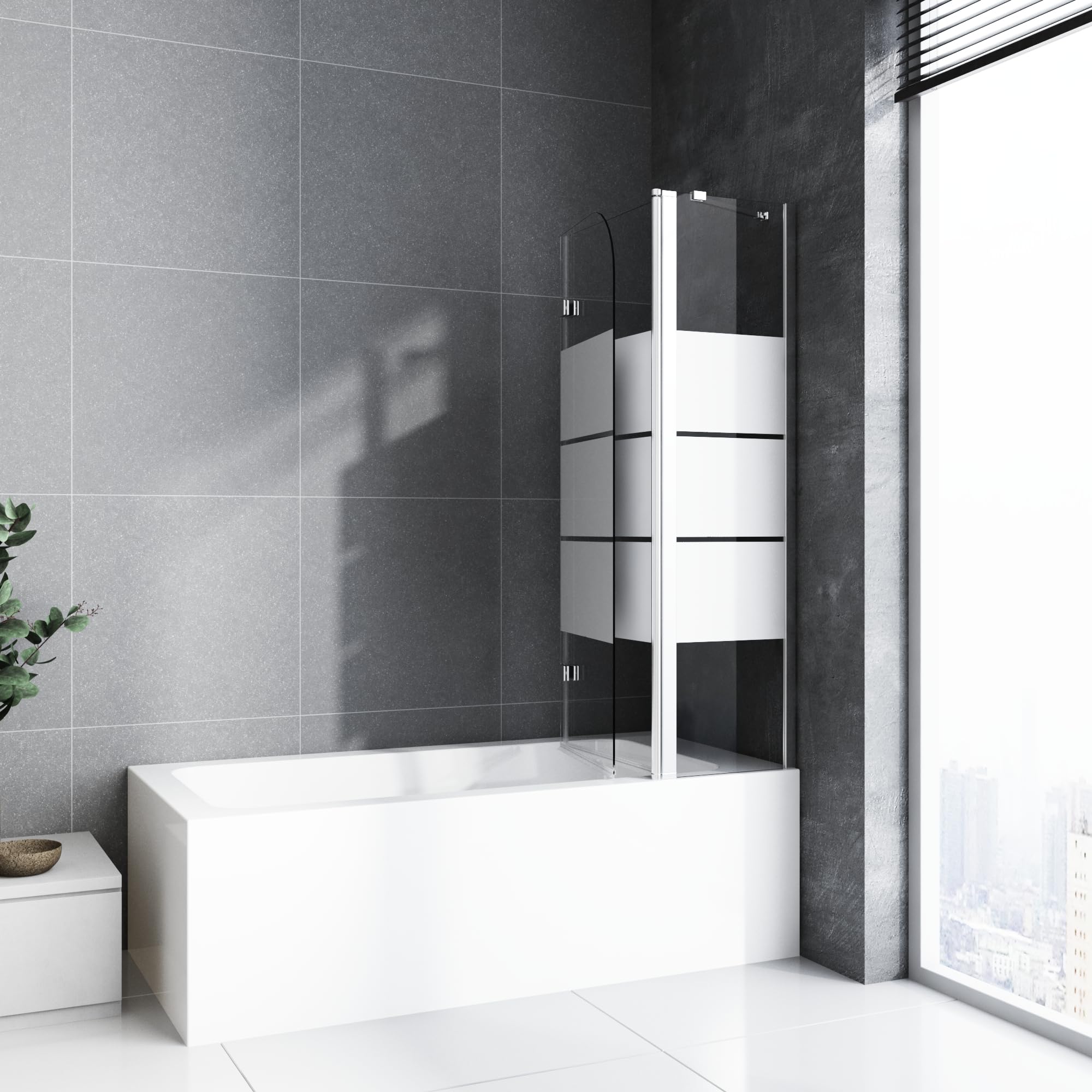 Duschwand für Badewanne mit Stabilisator und Festteil 2 teilig faltbar 160 x 140 cm Gestreift Badewannenfaltwand Duschtrennwand 6mm Nano Glas Duschabtrennung Badewanne