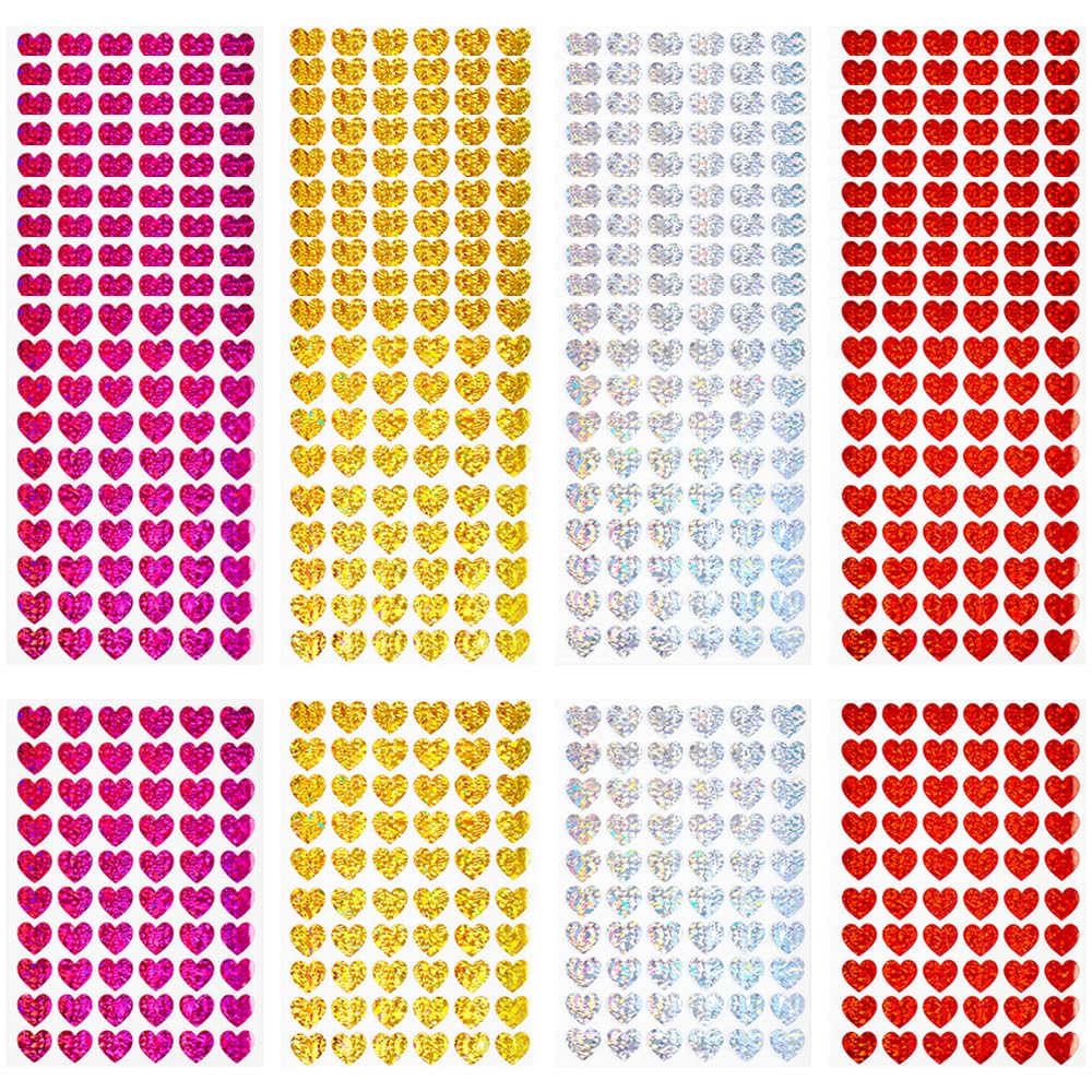 TRKETK 2400 Pcs Glitter Heart Shaped Stickers, Self Adhesive Hearts Sticky Small Holographic Labels Cute Sparkly Sticker Heart Decals Love Labels for Wedding, Party, Gift Bags, Scrapbooking