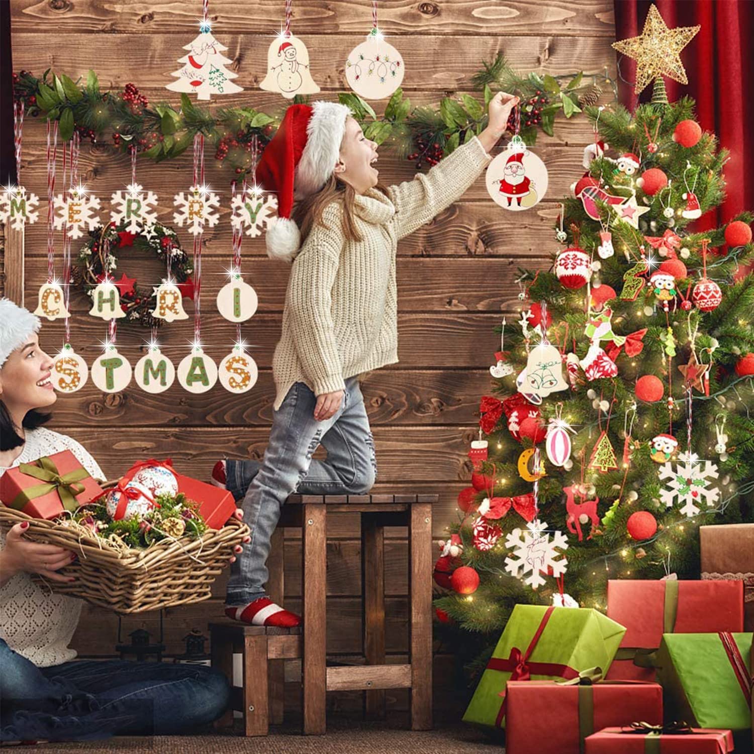 MEISHANG Adornos Arbol Navidad Madera,Decoración Arbol de Navidad Colgante de Madera-Con Cordón-Manualidades de Navidad,Adornos Navideños Adecuado para Cajas de Regalo Decorativas,árboles de Navidad