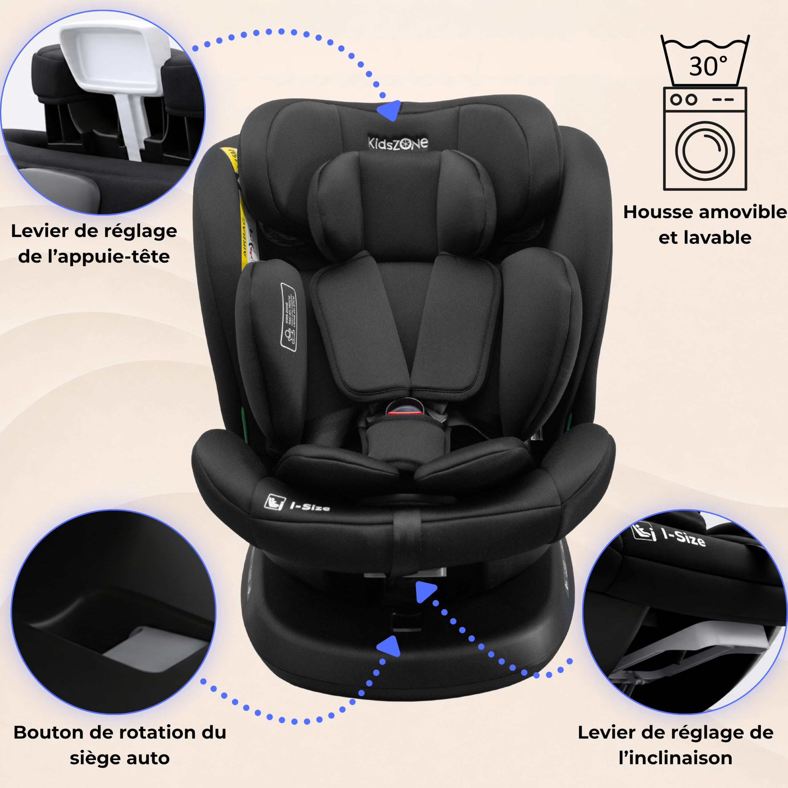 Siege Auto Bebe 0 à 36kg Isofix pivotant 360, i-Size Siège Auto Groupe 0 1 2 3, 40-150cm, Appui-tête réglable, Harnais à 5 points