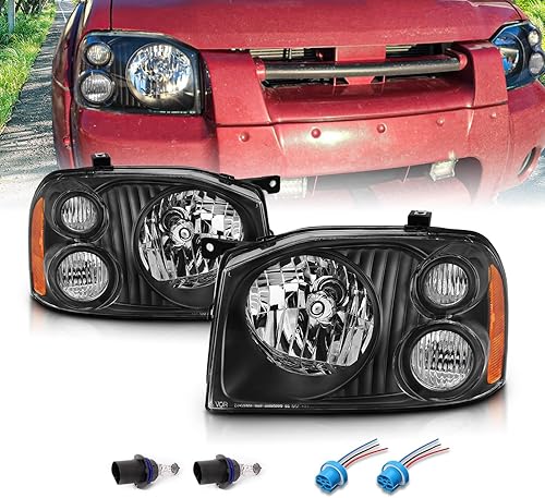 Miniatura 1 de AmeriLite Conjunto de faros delanteros de repuesto negros 2001-2004 para Nissan Frontier D22 BaseSESCXE par con bombilla de haz HiLo