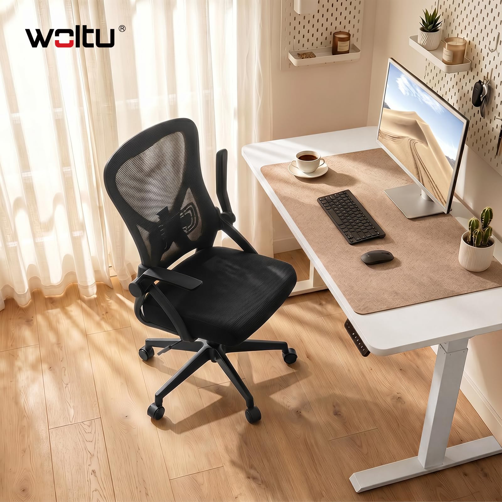 WOLTU Chaise de Bureau Ergonomique avec Soutien Lombaire et Dossier Inclinable en Tissu Maille, Chaise Pivotante à roulettes avec Siège Réglable et Accoudoirs Rabattables, pour Bureau, Studio, Noir
