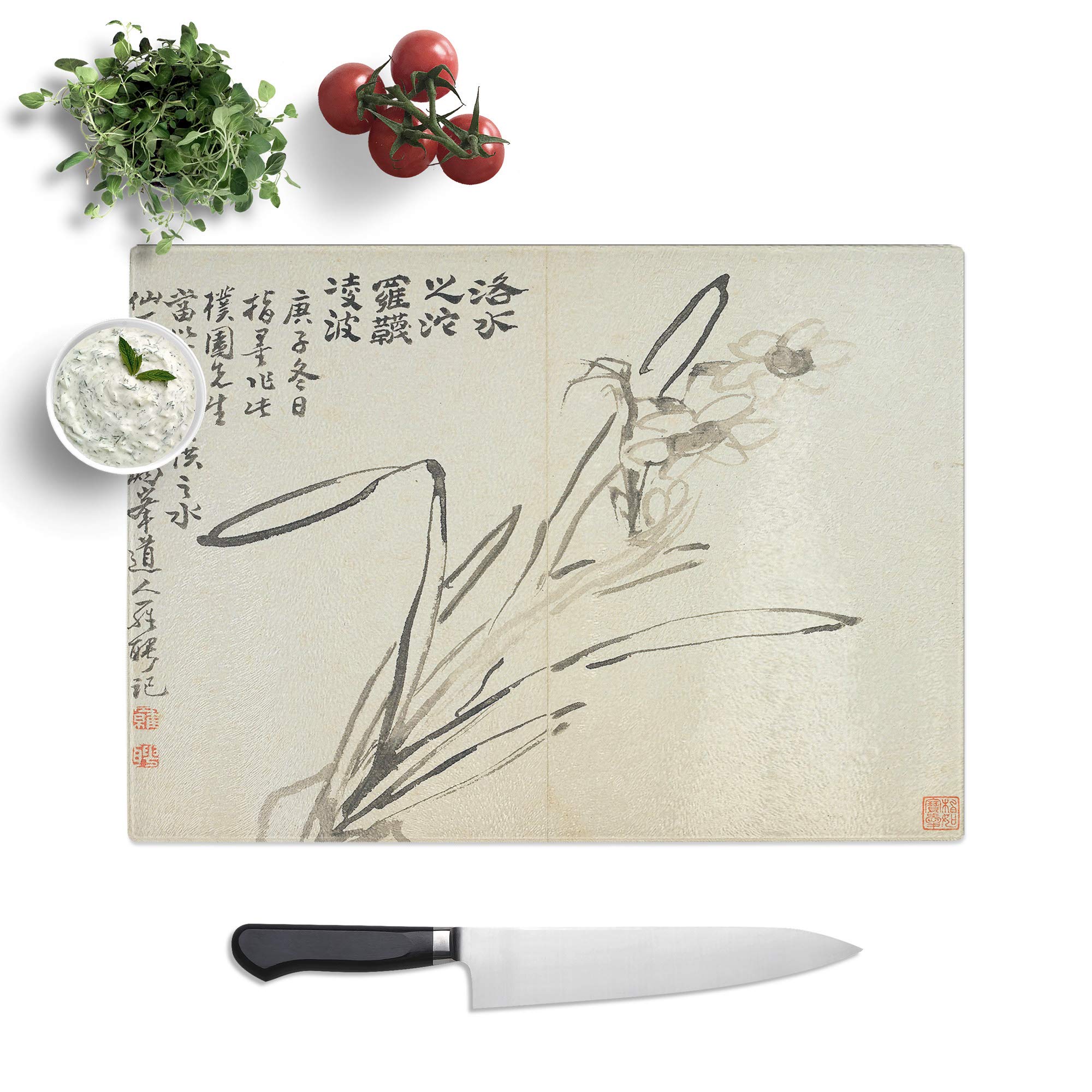 Kitchen Chopping Board Glass - Luo Pin Flower Japanese Oriental - Textured Worktop Saver Cutting Board - Heat Resistant, Shatterproof and Hygenic - 39 x 28.5 cm