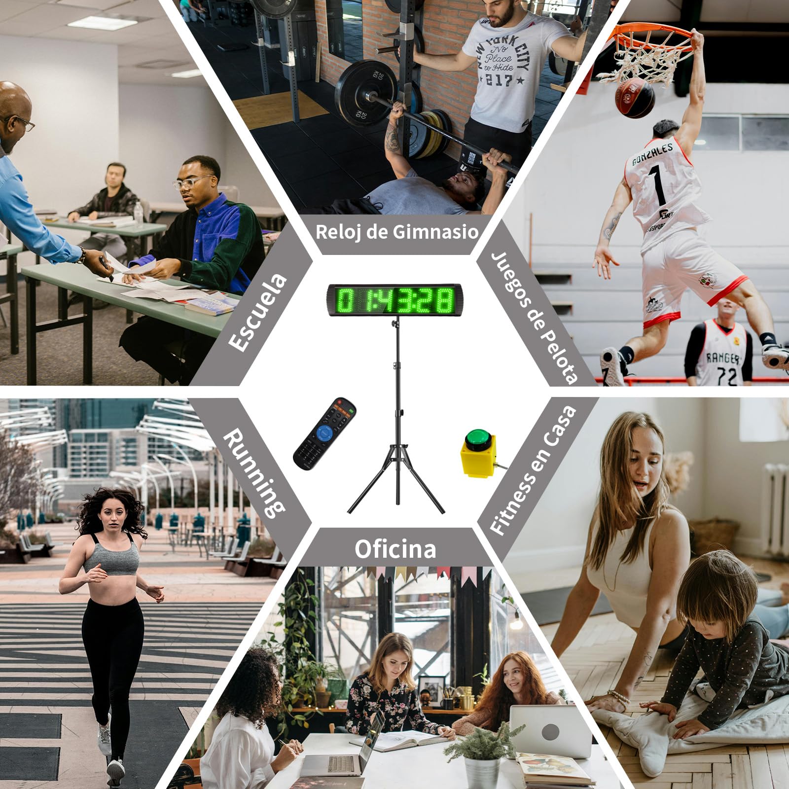 Temporizador con Botón de Inicio/Parada, Cronometros Deportivos 5'' con Soporte, 6 dígitos Temporizador de Cuenta Atrás/Arriba con Control Remoto, 12/24H Temporizado Digital para Maratón