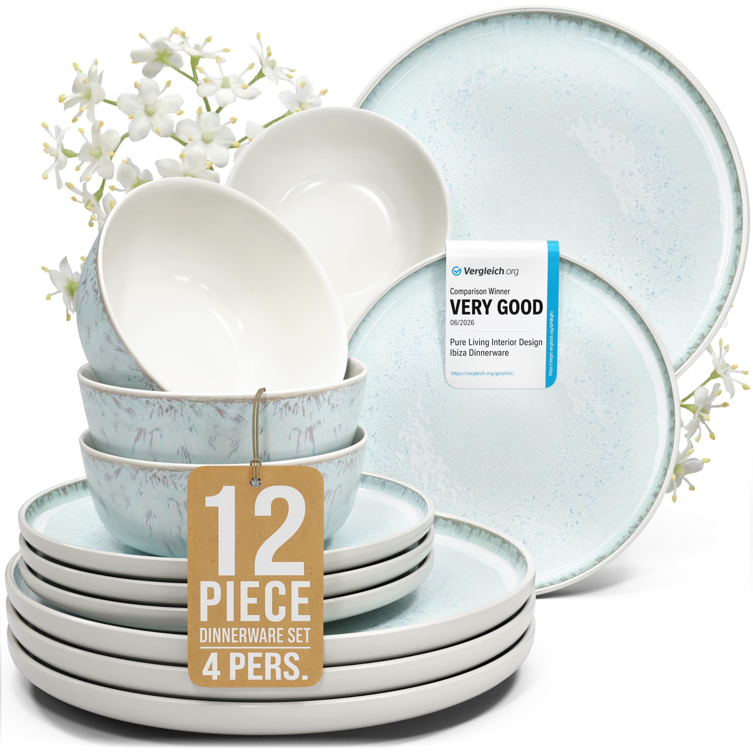 Photo 1 of 12 Piece Stoneware Dinnerware Set for 4, Handcrafted Plates and Bowls Set