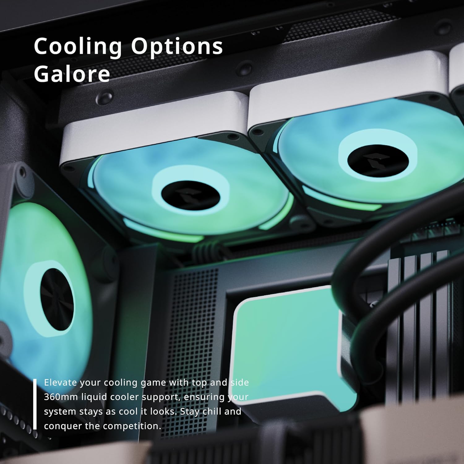 A dalt view of APNX C1 PC case with liquid cooler installed